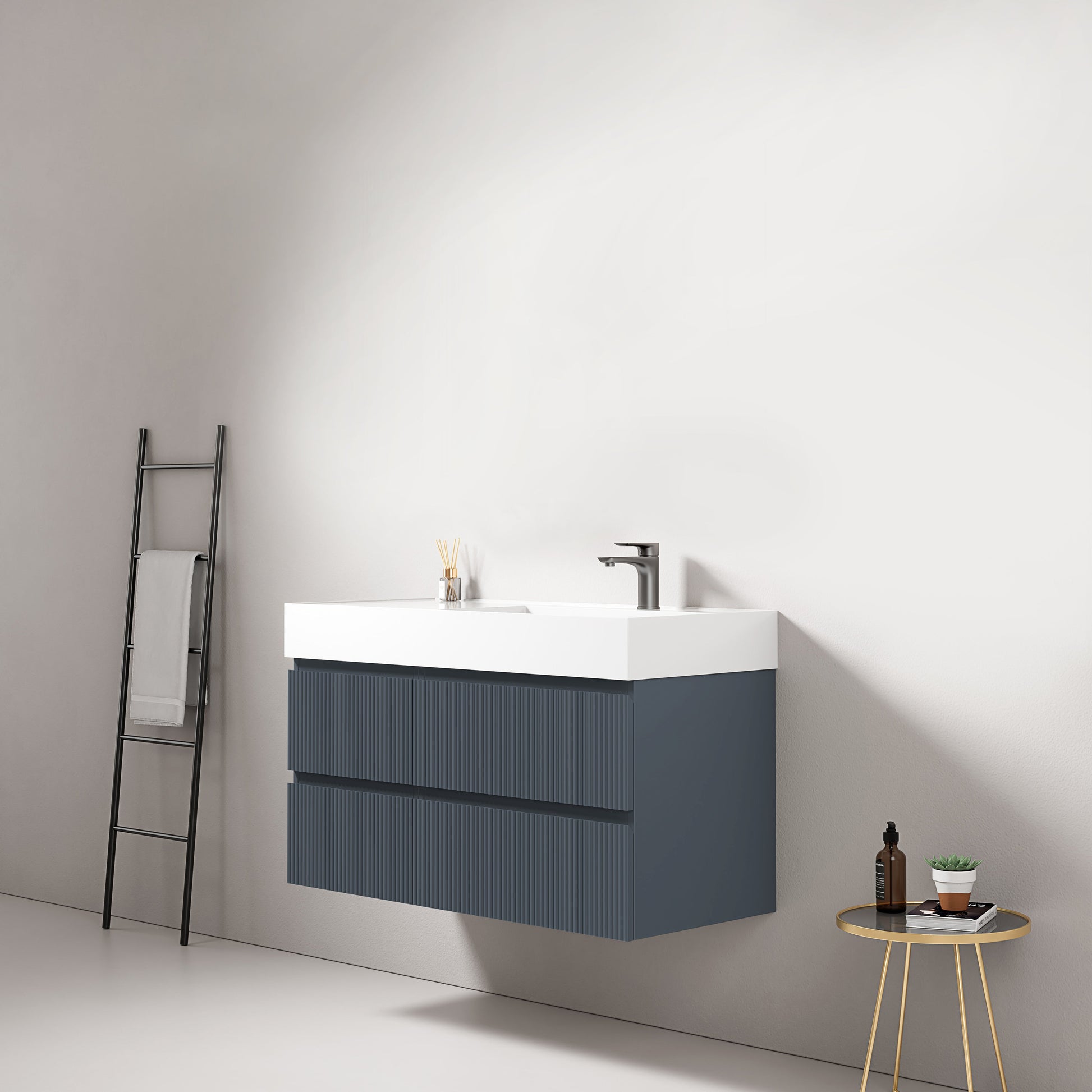Mobile bagno sospeso cannettato 100 cm Blu Mare Lavabo a Destra in Resina Senza Specchio - Fiji Paint