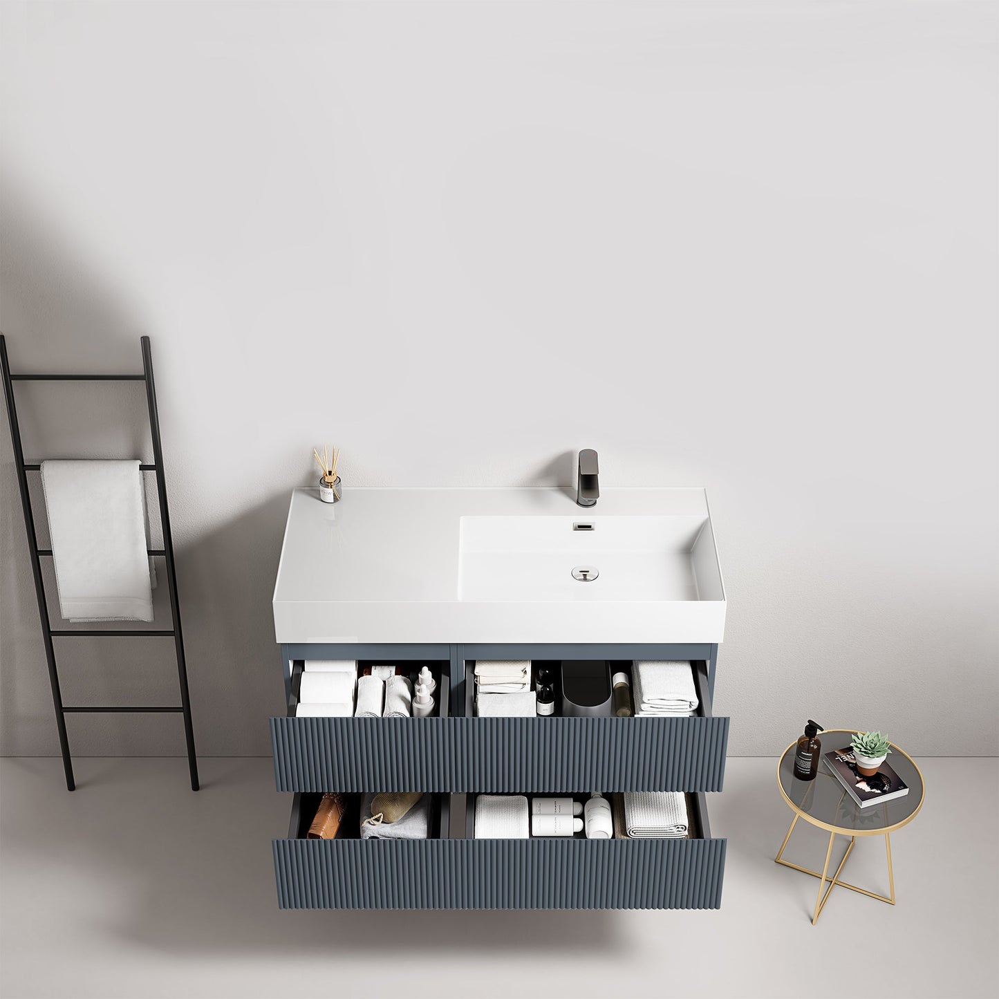 Mobile bagno sospeso cannettato 100 cm Blu Mare Lavabo a Destra in Resina Senza Specchio - Fiji Paint