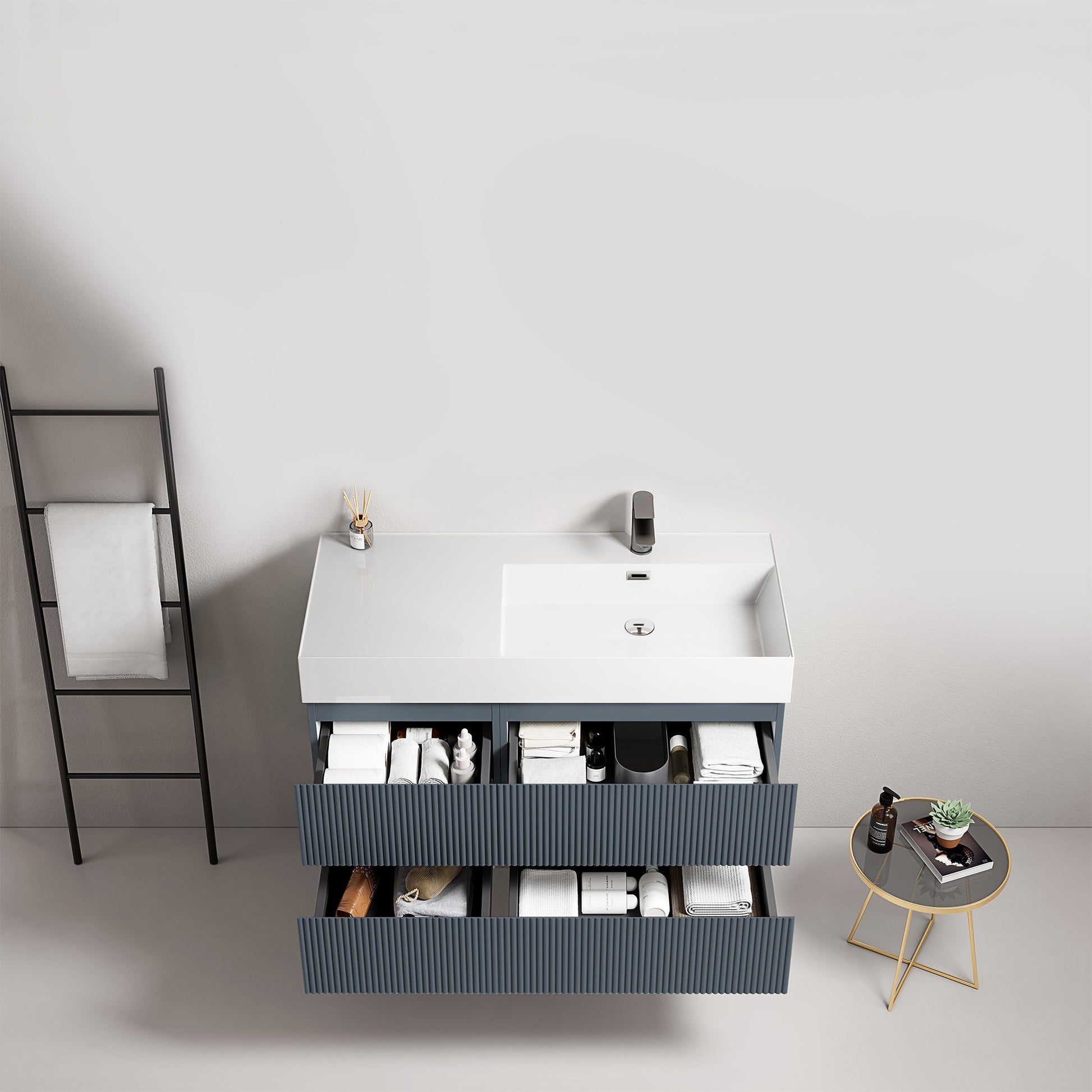 Mobile bagno sospeso cannettato 100 cm Blu Mare Lavabo a Destra in Resina Senza Specchio - Fiji Paint