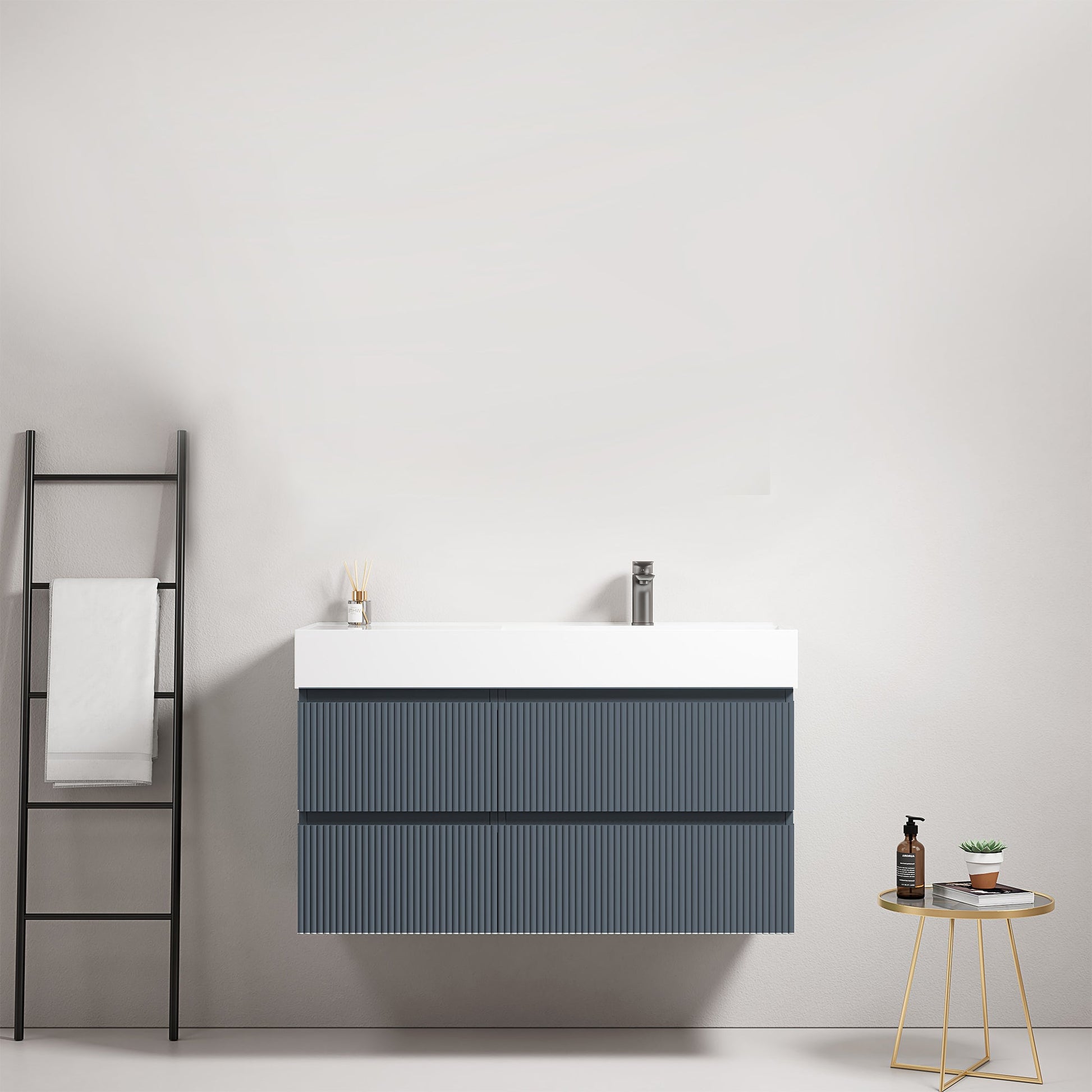 Mobile bagno sospeso cannettato 100 cm Blu Mare Lavabo a Destra in Resina Senza Specchio - Fiji Paint.