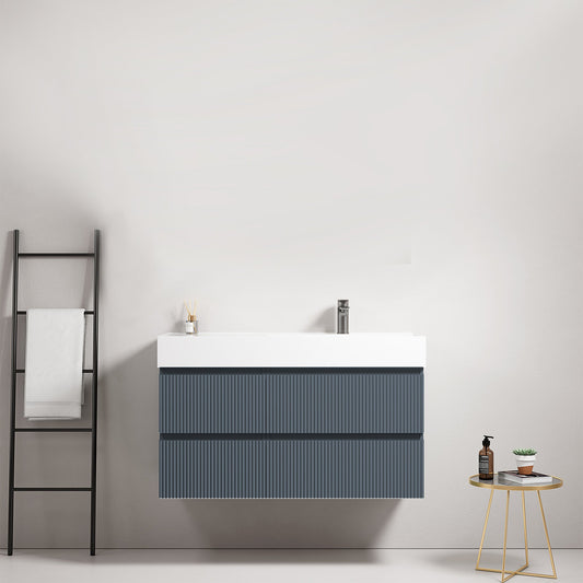 Mobile bagno sospeso cannettato 100 cm Blu Mare Lavabo a Destra in Resina Senza Specchio - Fiji Paint