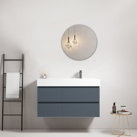 Mobile bagno sospeso cannettato 100 cm Blu Mare Lavabo a Destra in Resina Specchio Tondo - Fiji Paint nel design moderno
