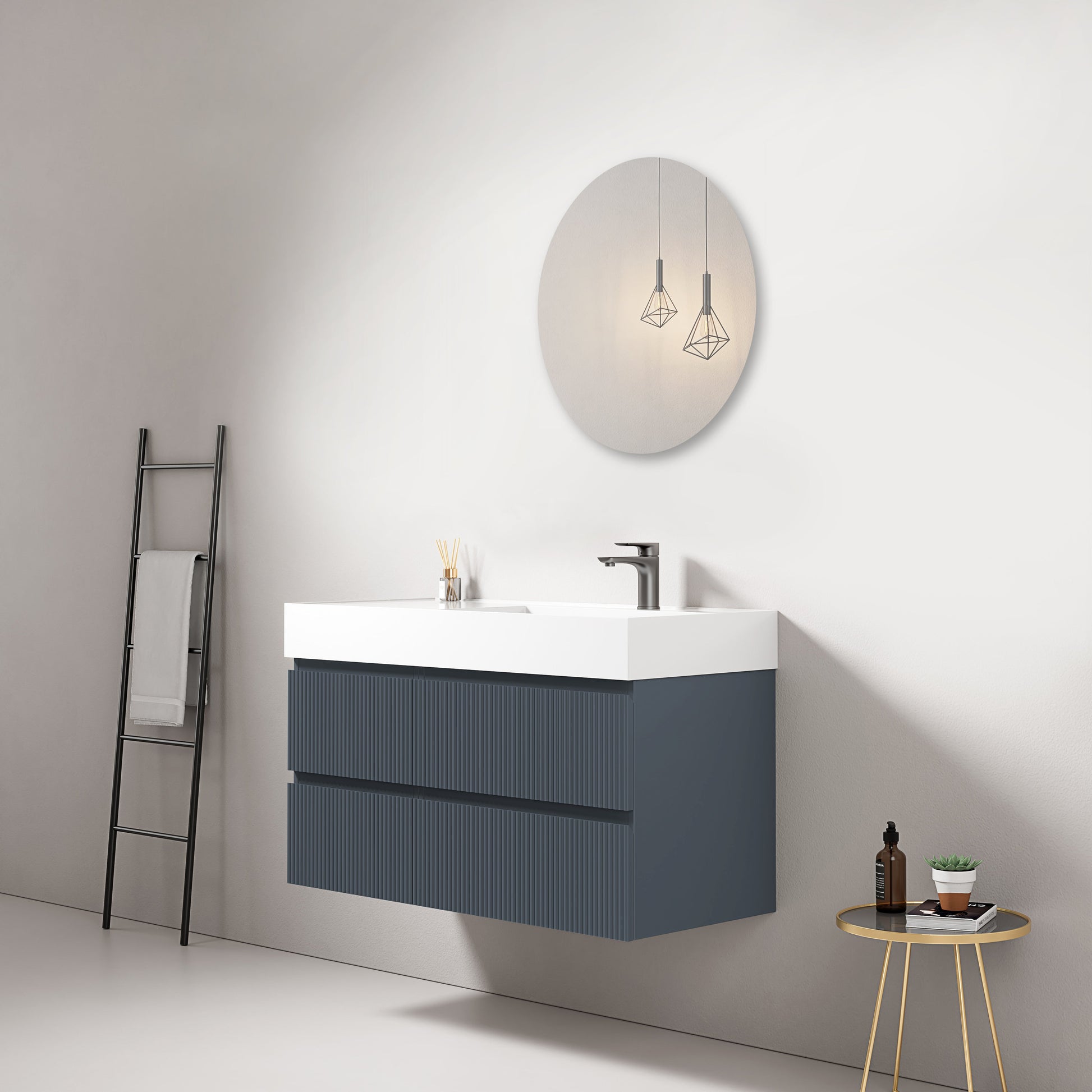 Mobile bagno sospeso cannettato 100 cm Blu Mare Lavabo a Destra in Resina Specchio Tondo - Fiji Paint