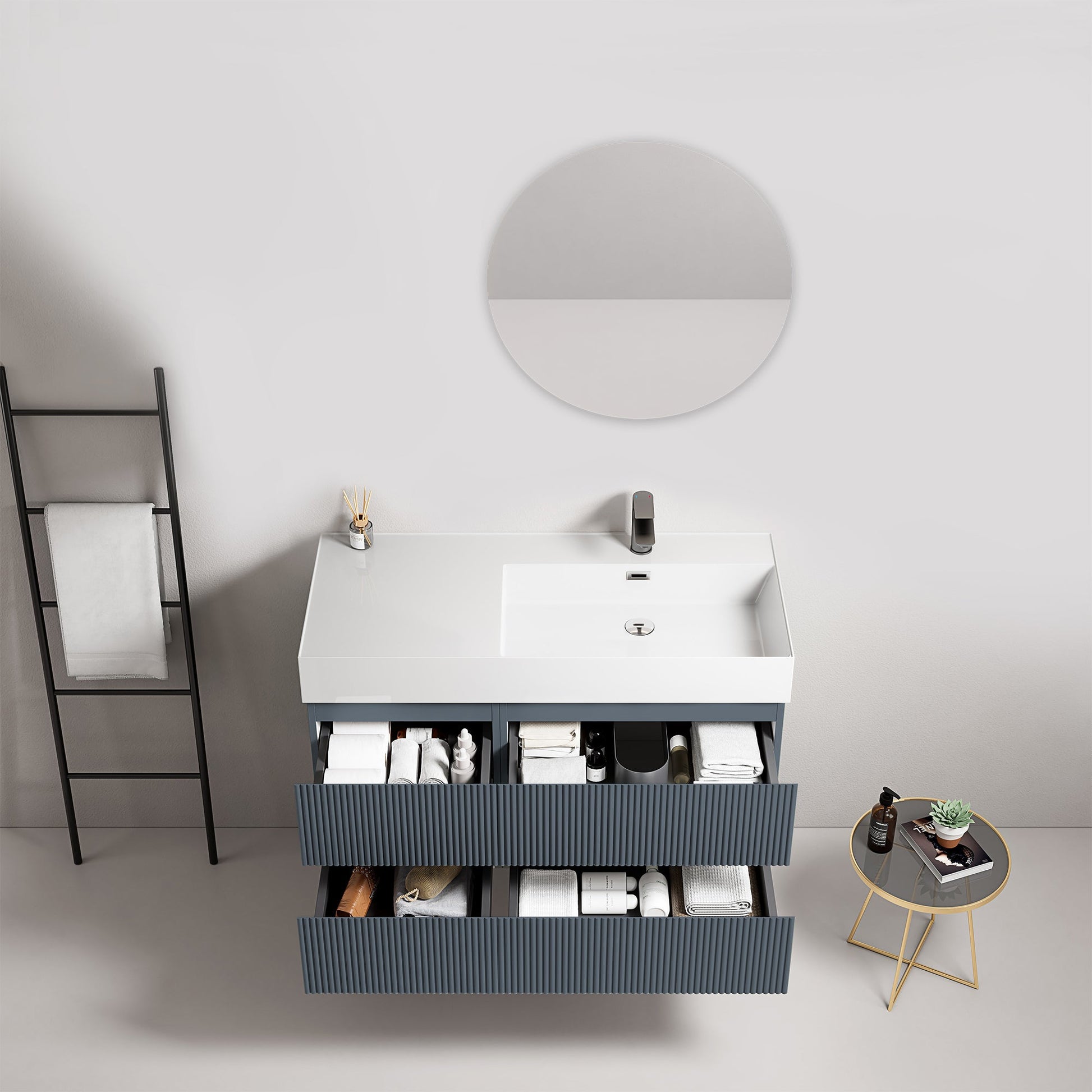 Mobile bagno sospeso cannettato 100 cm Blu Mare Lavabo a Destra in Resina Specchio Tondo - Fiji Paint