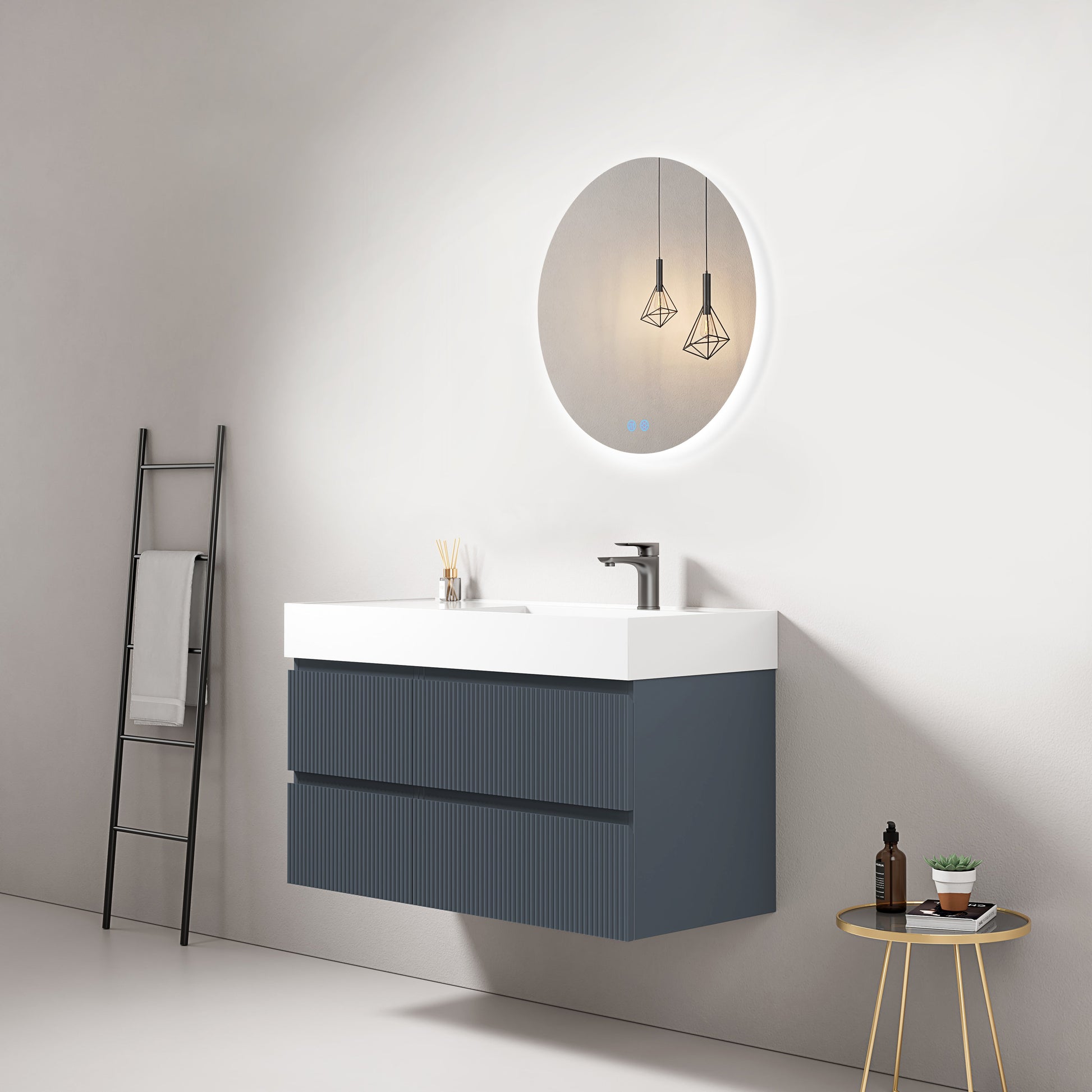 Mobile bagno sospeso cannettato 100 cm Blu Mare Lavabo a Destra in Resina Specchio Tondo Retroilluminato - Fiji Paint.
