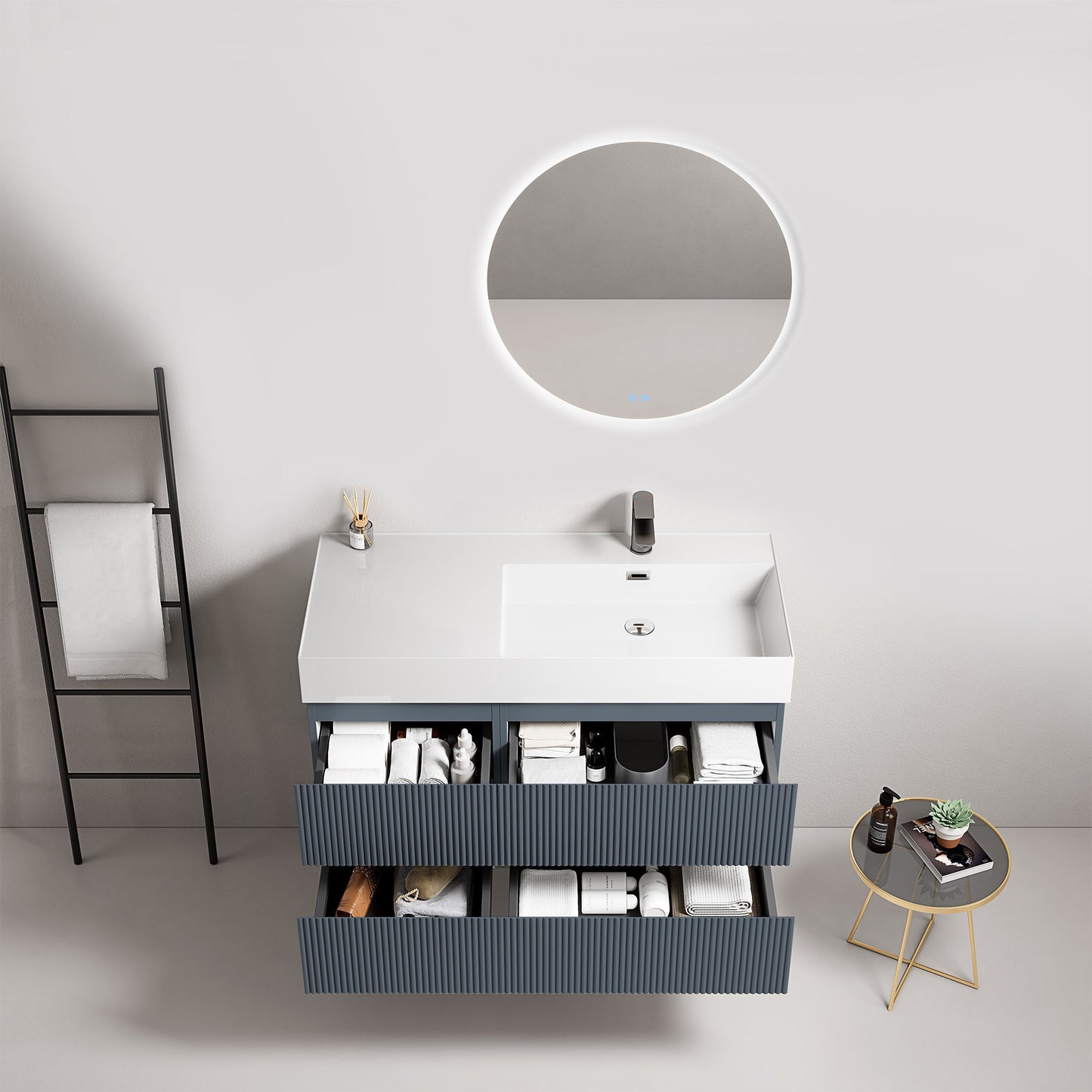 Mobile bagno sospeso cannettato 100 cm Blu Mare Lavabo a Destra in Resina Specchio Tondo Retroilluminato - Fiji Paint