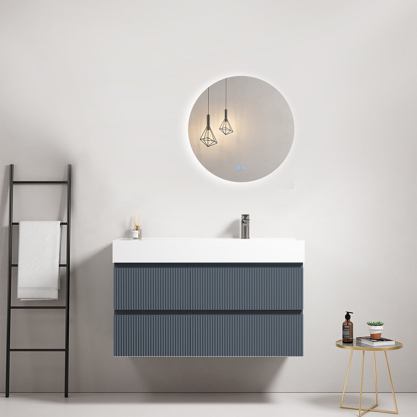Mobile bagno sospeso cannettato 100 cm Blu Mare Lavabo a Destra in Resina Specchio Tondo Retroilluminato - Fiji Paint