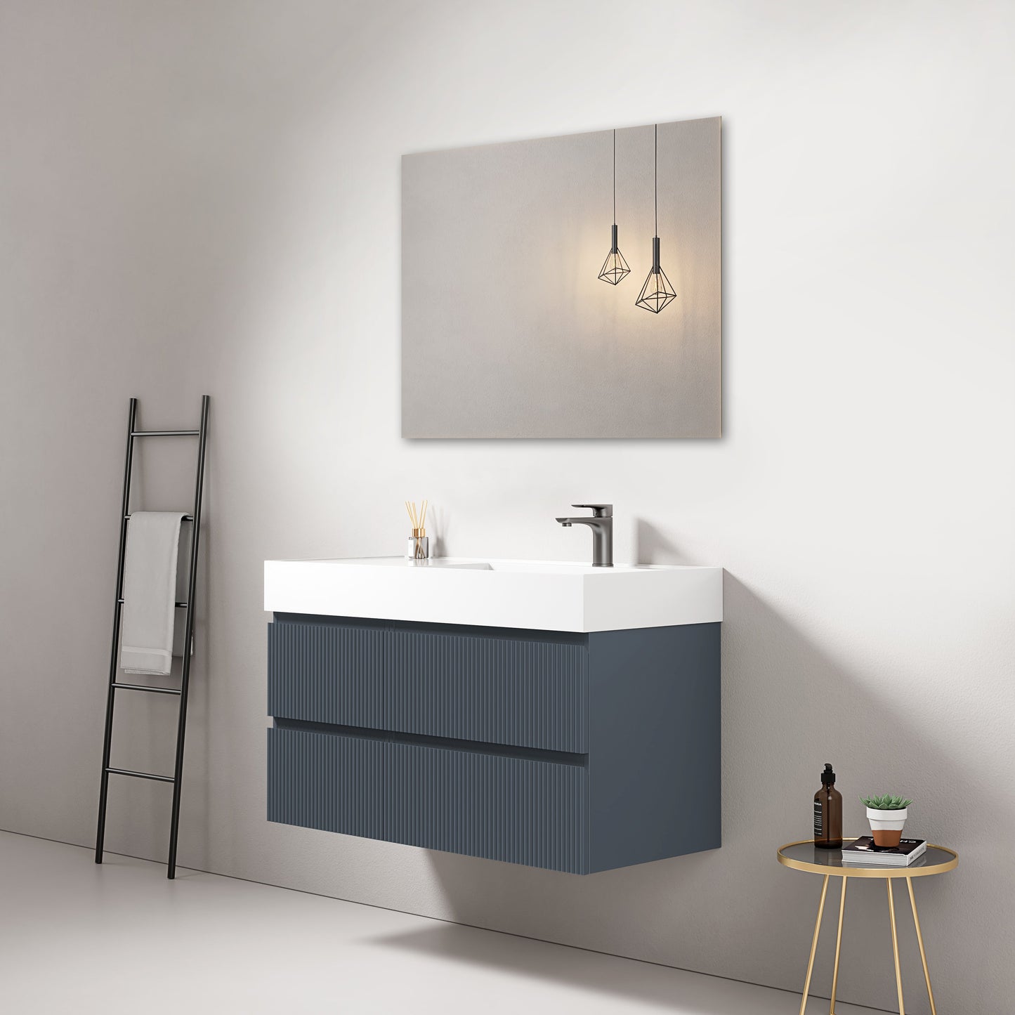 Mobile bagno sospeso cannettato 100 cm Blu Mare Lavabo a Destra in Resina Specchio Quadro - Fiji Paint