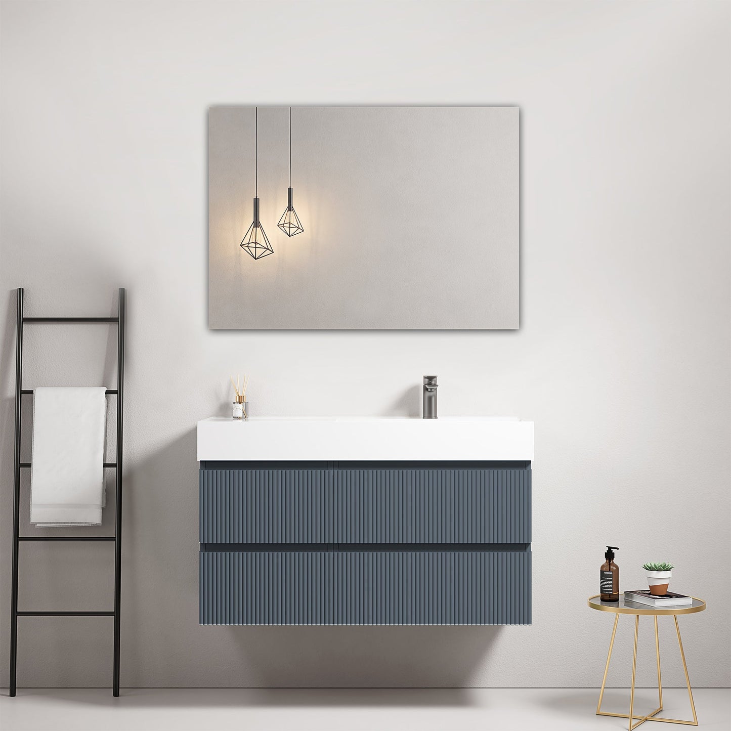 Mobile bagno sospeso cannettato 100 cm Blu Mare Lavabo a Destra in Resina Specchio Quadro - Fiji Paint