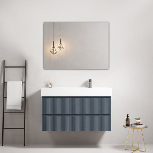 Mobile bagno sospeso cannettato 100 cm Blu Mare Lavabo a Destra in Resina Specchio Quadro - Fiji Paint