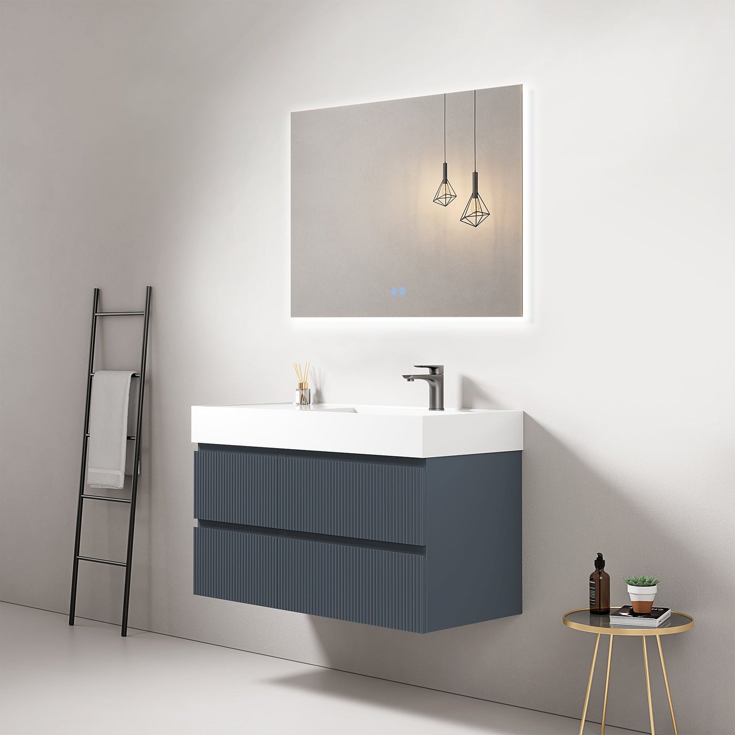 Mobile bagno sospeso cannettato 100 cm Blu Mare Lavabo a Destra in Resina Specchio Quadro Retroilluminato - Fiji Paint.