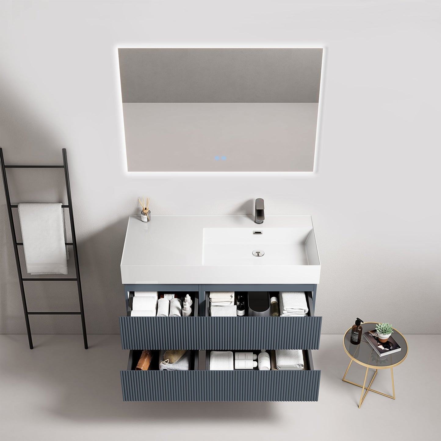 Mobile bagno sospeso cannettato 100 cm Blu Mare Lavabo a Destra in Resina Specchio Quadro Retroilluminato - Fiji Paint