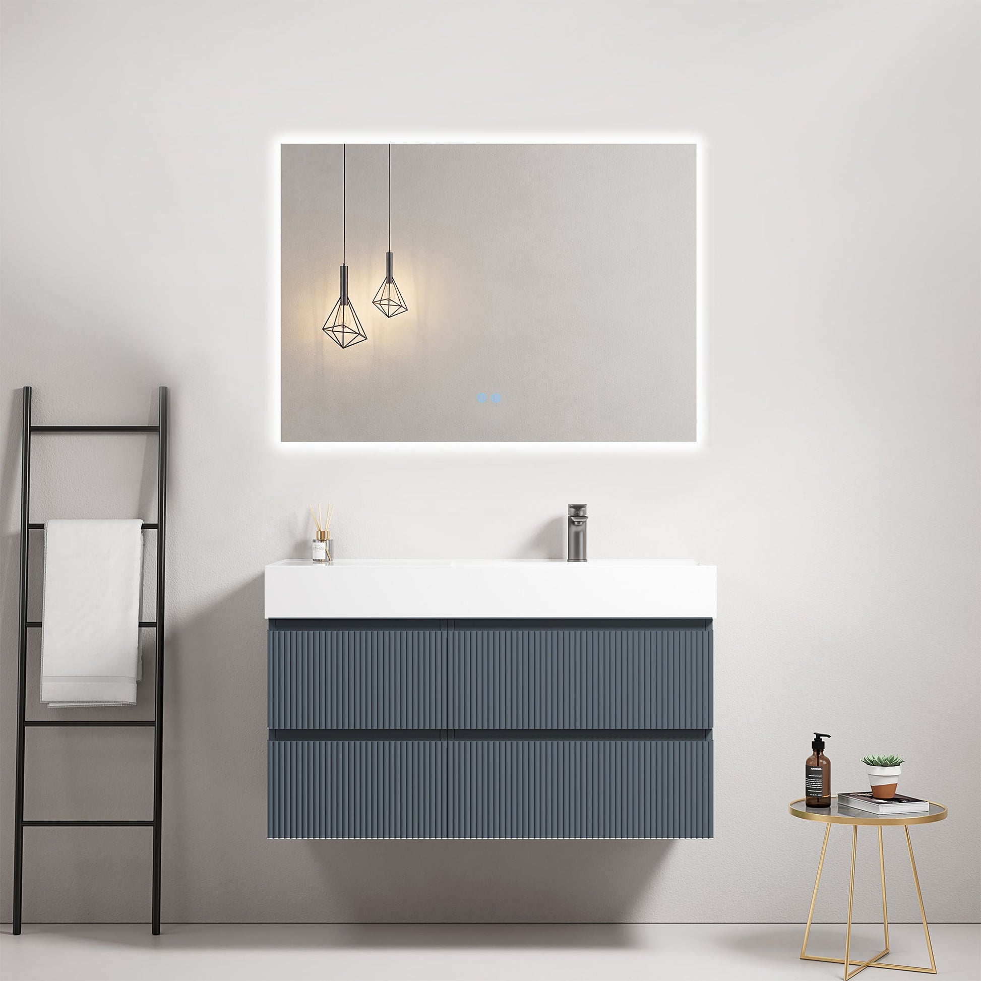 Mobile bagno sospeso cannettato 100 cm Blu Mare Lavabo a Destra in Resina Specchio Quadro Retroilluminato - Fiji Paint