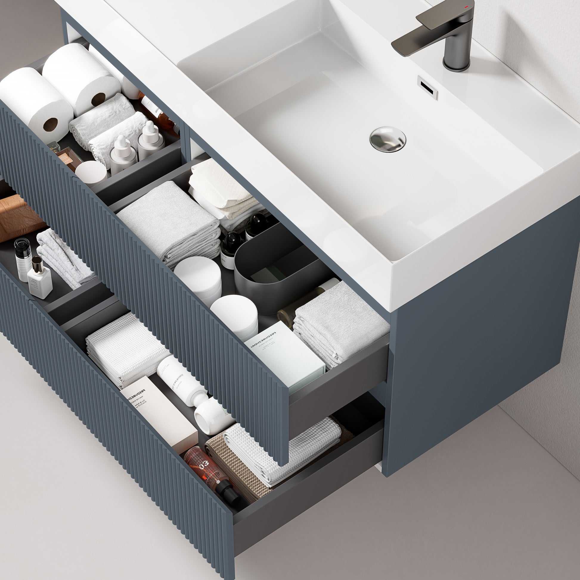 Mobile bagno sospeso cannettato 100 cm Blu Mare Lavabo a Destra in Resina Specchio Quadro Retroilluminato - Fiji Paint con cassetti contenenti prodotti per il bagno.