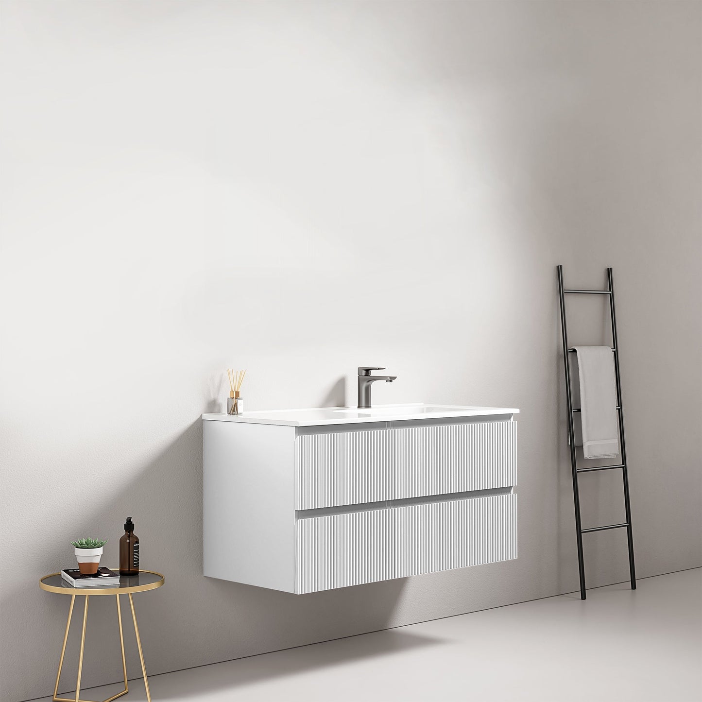 Mobile bagno sospeso cannettato 100 cm Bianco Lavabo a Destra in Ceramica Senza Specchio - Fiji Paint.
