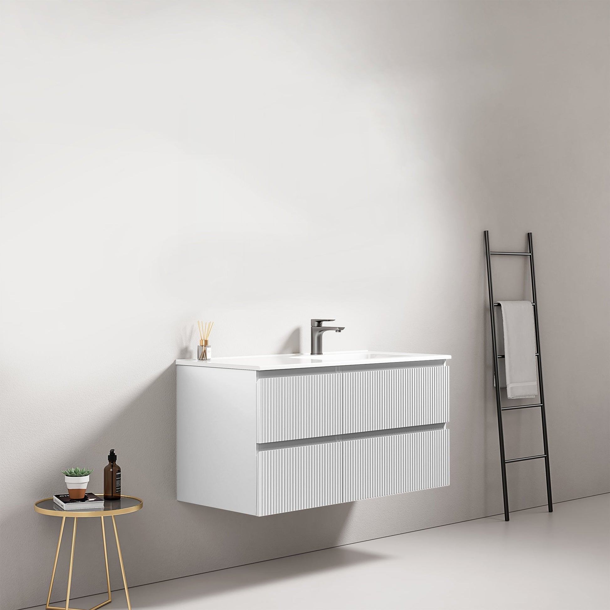Mobile bagno sospeso cannettato 100 cm Bianco Lavabo a Destra in Ceramica Senza Specchio - Fiji Paint.