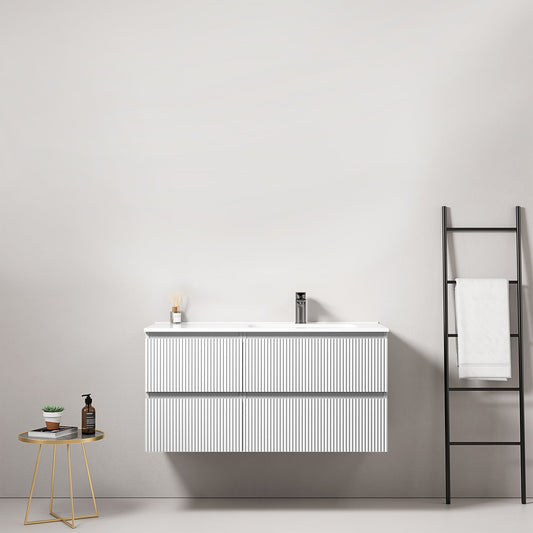 Mobile bagno sospeso cannettato 100 cm Bianco Lavabo a Destra in Ceramica Senza Specchio - Fiji Paint