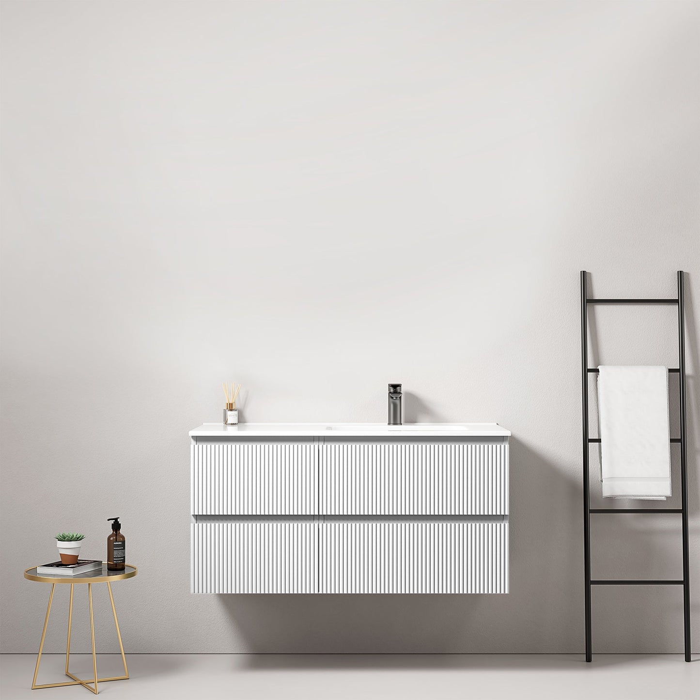 Mobile bagno sospeso cannettato 100 cm Bianco Lavabo a Destra in Ceramica Senza Specchio - Fiji Paint