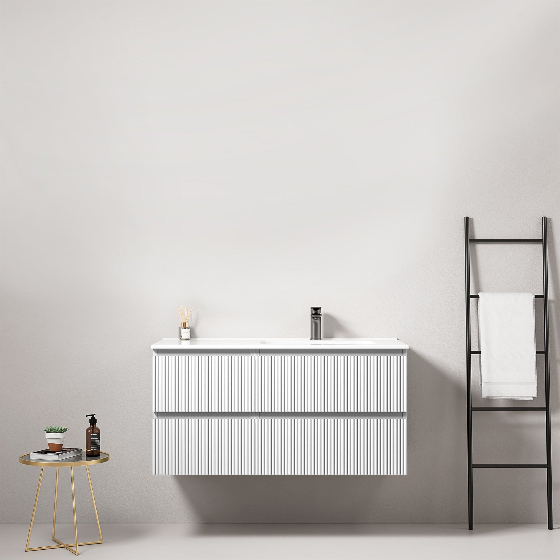 Mobile bagno sospeso cannettato 100 cm Bianco Lavabo a Destra in Ceramica Senza Specchio - Fiji Paint