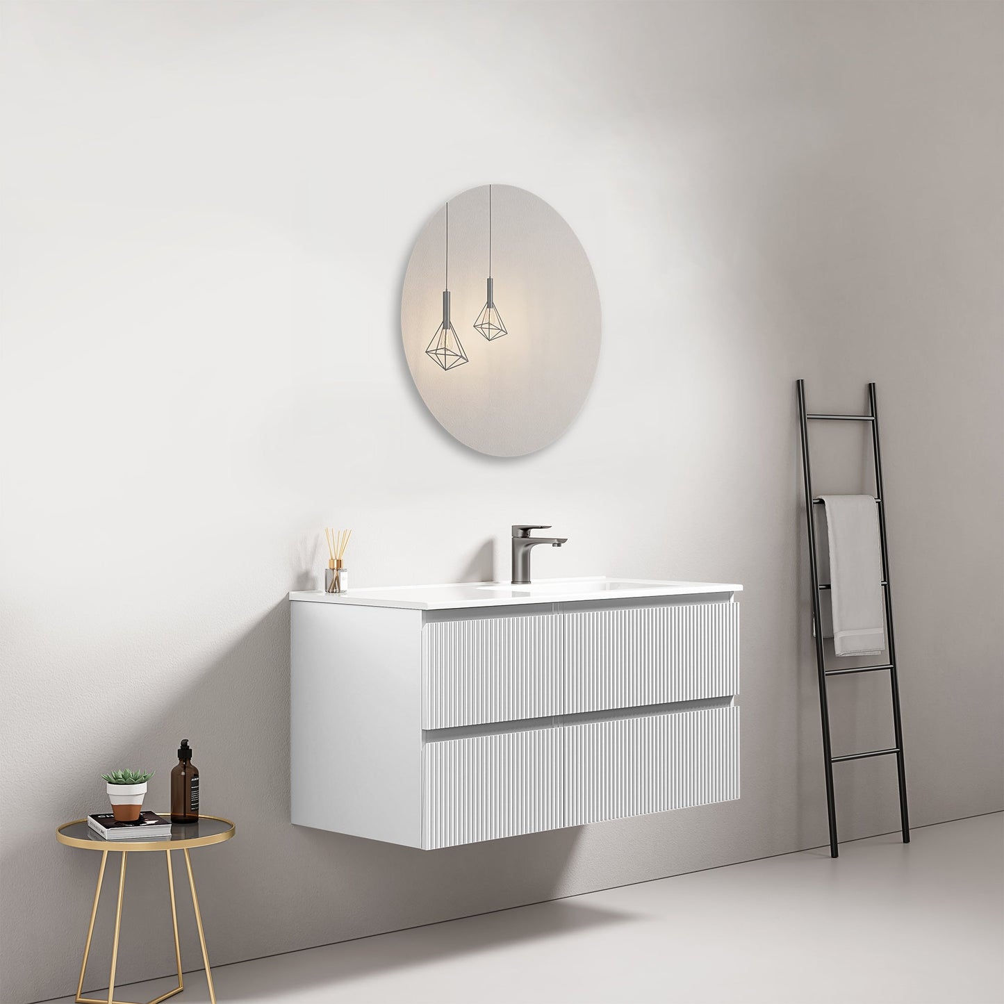 Mobile bagno sospeso cannettato 100 cm Bianco Lavabo a Destra in Ceramica Specchio Tondo - Fiji Paint
