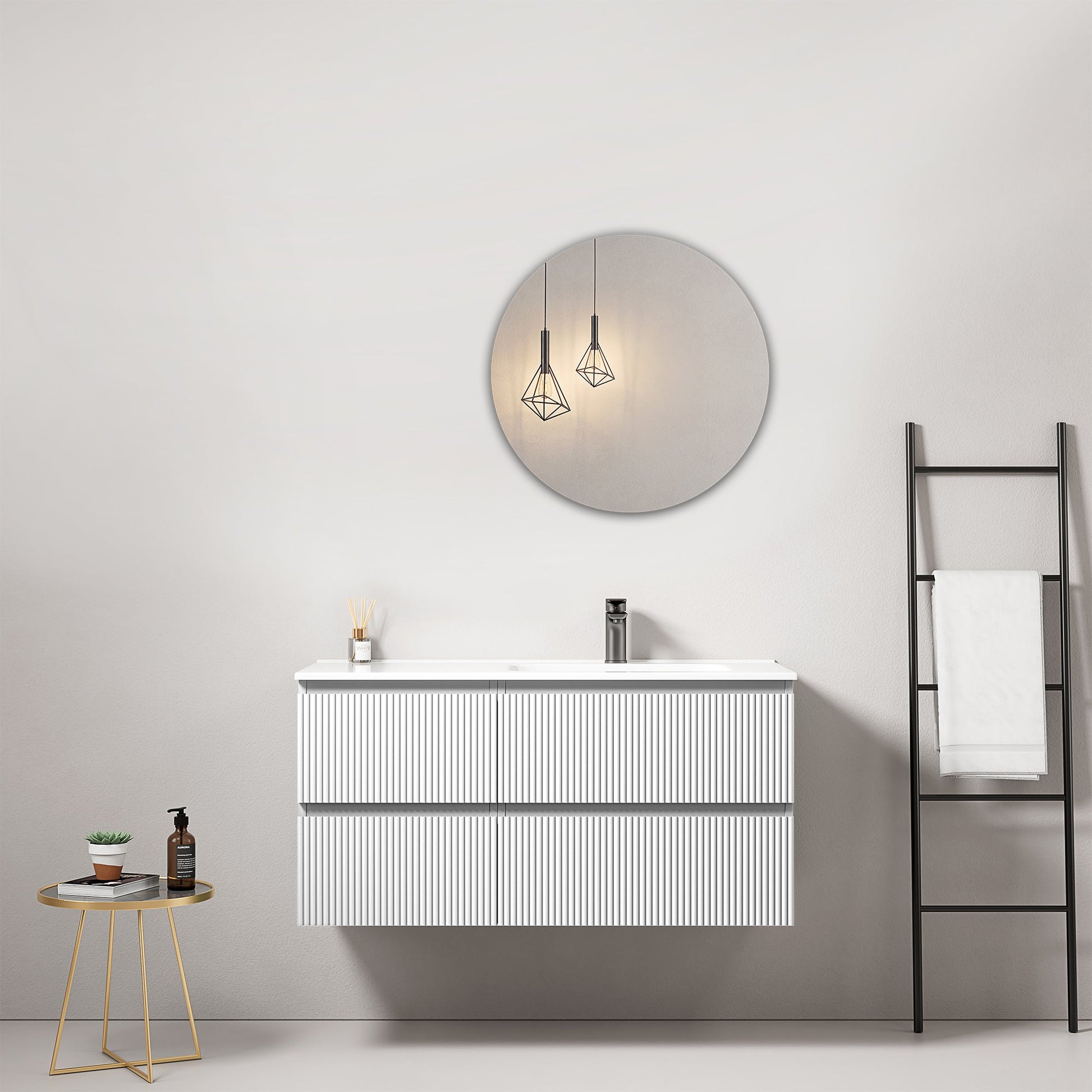Mobile bagno sospeso cannettato 100 cm Bianco Lavabo a Destra in Ceramica Specchio Tondo - Fiji Paint in un bagno moderno.