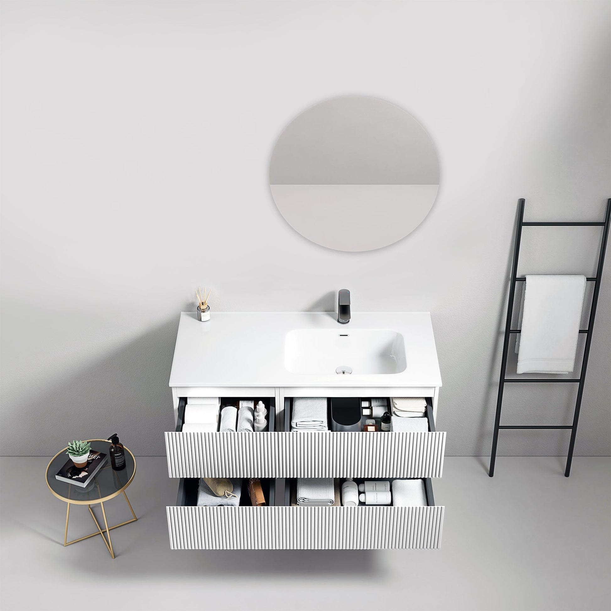 Mobile bagno sospeso cannettato 100 cm Bianco Lavabo a Destra in Ceramica Specchio Tondo - Fiji Paint