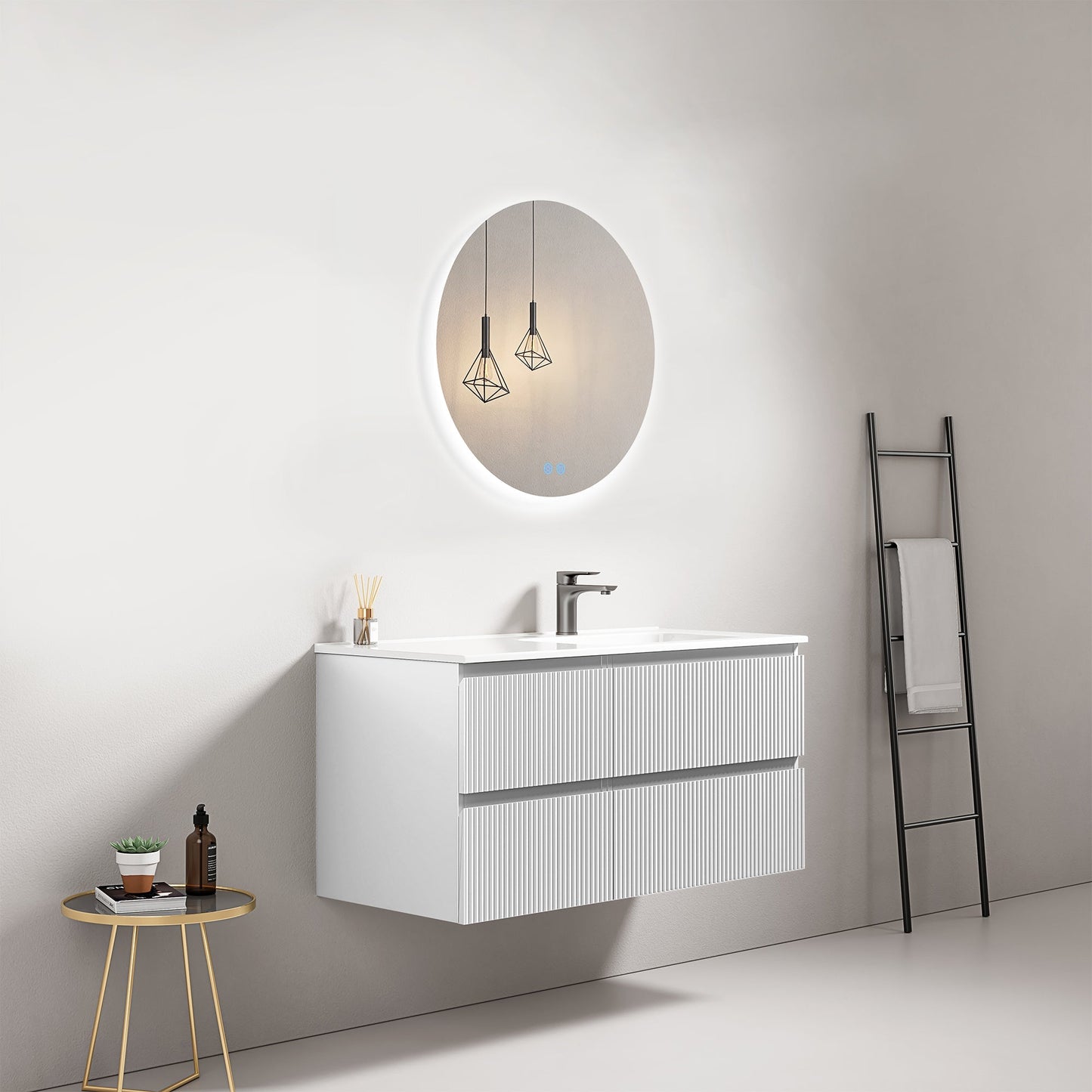 Mobile bagno sospeso cannettato 100 cm Bianco Lavabo a Destra in Ceramica Specchio Tondo Retroilluminato - Fiji Paint.