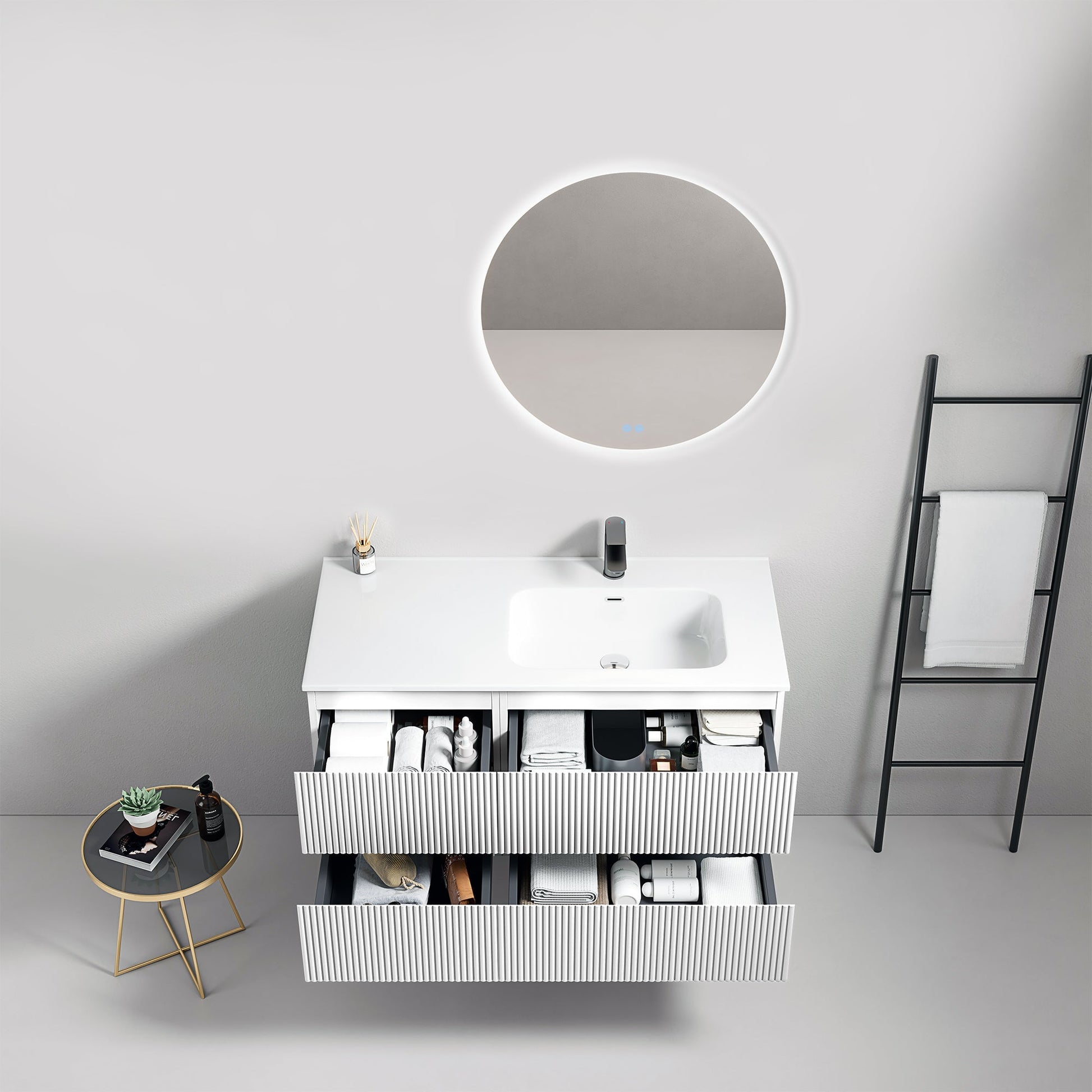 Mobile bagno sospeso cannettato 100 cm Bianco Lavabo a Destra in Ceramica Specchio Tondo Retroilluminato - Fiji Paint