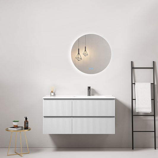 Mobile bagno sospeso cannettato 100 cm Bianco Lavabo a Destra in Ceramica Specchio Tondo Retroilluminato - Fiji Paint