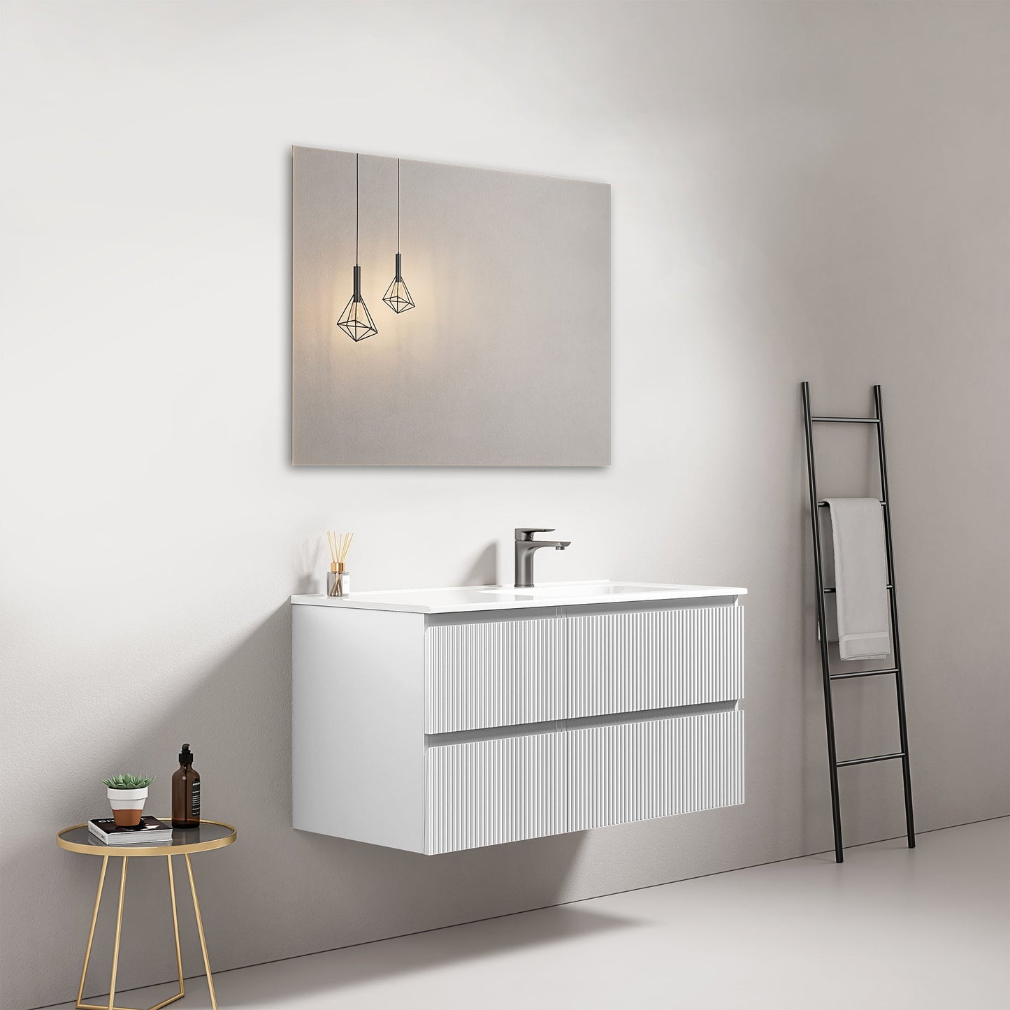 Mobile bagno sospeso cannettato 100 cm Bianco Lavabo a Destra in Ceramica Specchio Quadro - Fiji Paint.