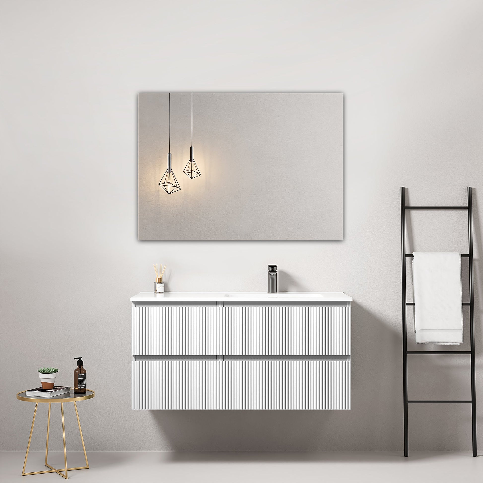 Mobile bagno sospeso cannettato 100 cm Bianco Lavabo a Destra in Ceramica Specchio Quadro - Fiji Paint in un elegante ambiente bagno.