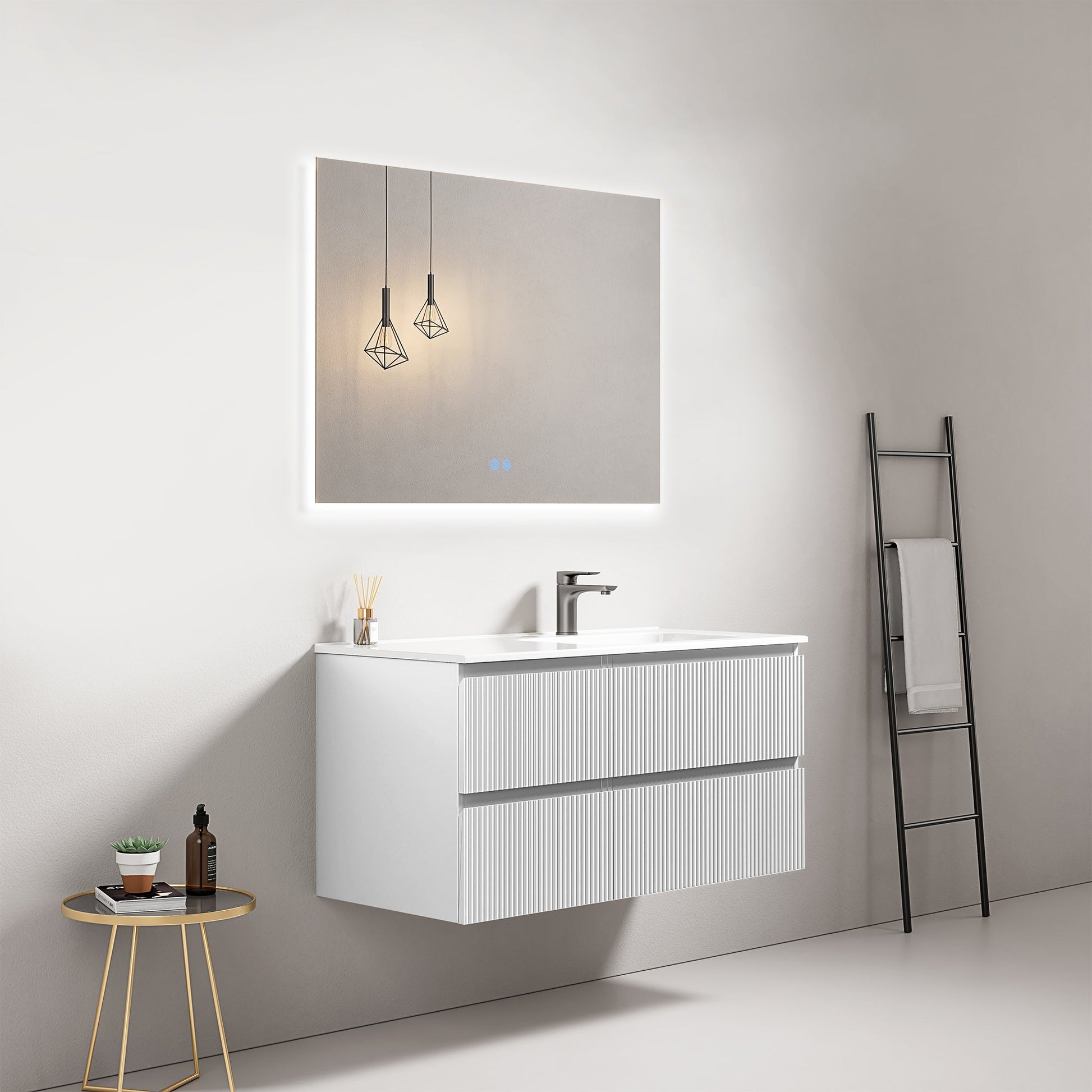 Mobile bagno sospeso cannettato 100 cm Bianco Lavabo a Destra in Ceramica Specchio Quadro Retroilluminato - Fiji Paint