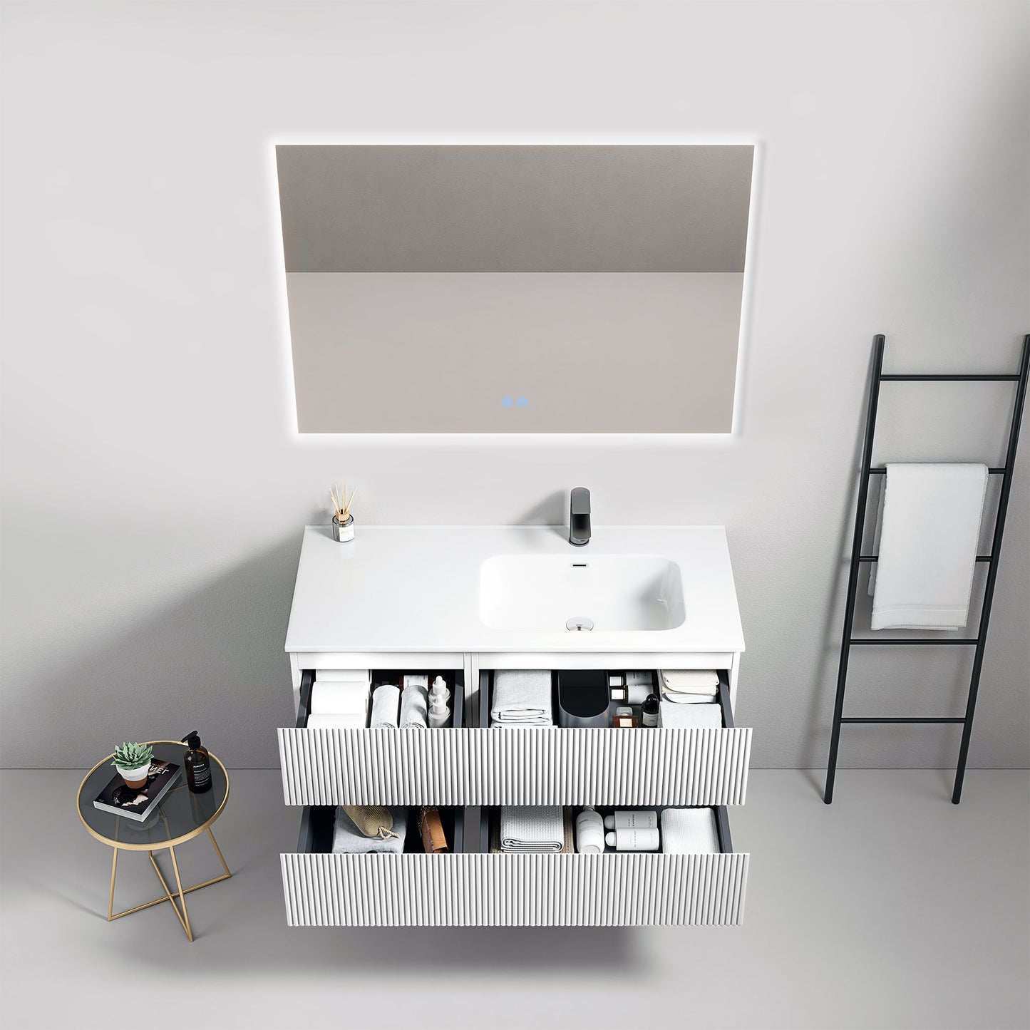 Mobile bagno sospeso cannettato 100 cm Bianco Lavabo a Destra in Ceramica Specchio Quadro Retroilluminato - Fiji Paint