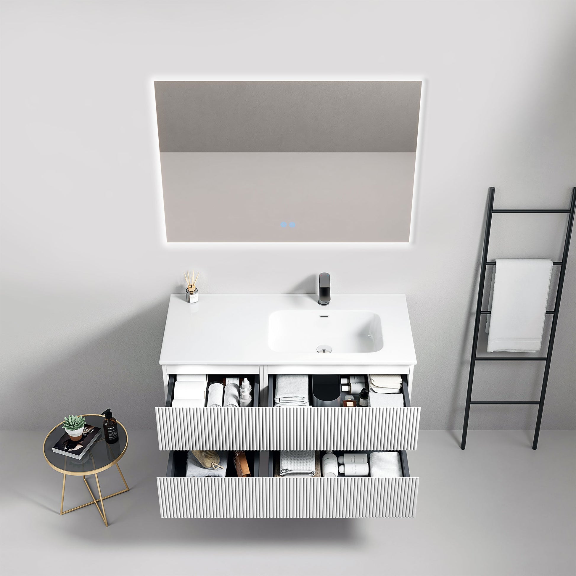 Mobile bagno sospeso cannettato 100 cm Bianco Lavabo a Destra in Ceramica Specchio Quadro Retroilluminato - Fiji Paint