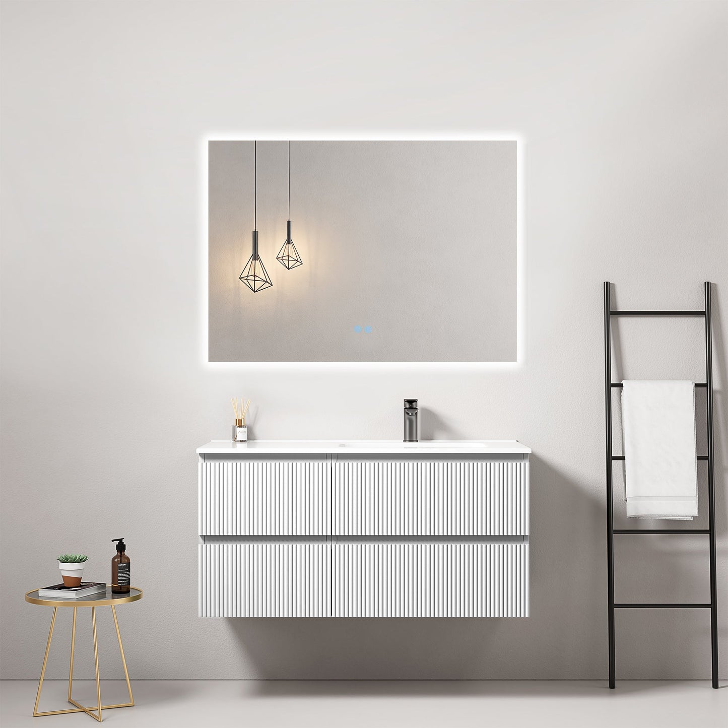 Mobile bagno sospeso cannettato 100 cm Bianco Lavabo a Destra in Ceramica Specchio Quadro Retroilluminato - Fiji Paint.