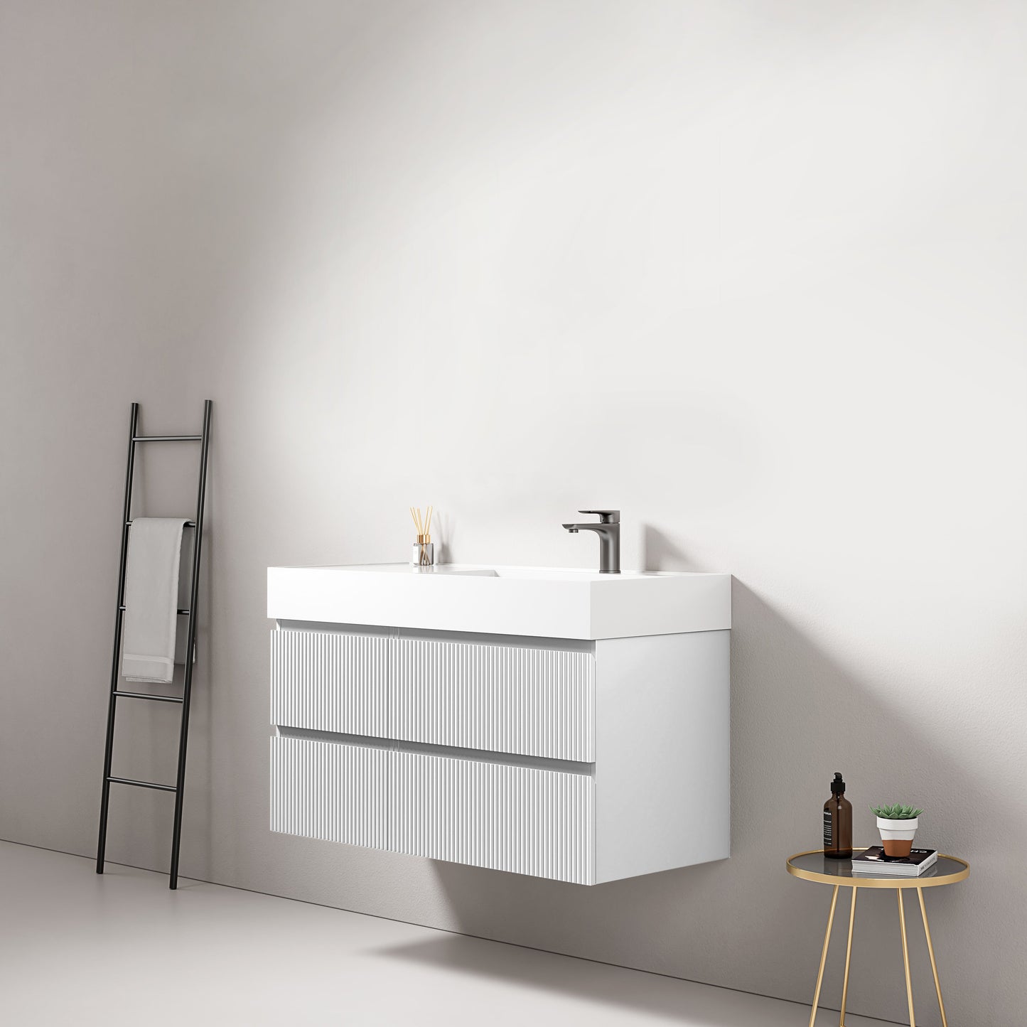 Mobile bagno sospeso cannettato 100 cm Bianco Lavabo a Destra in Resina Senza Specchio - Fiji Paint