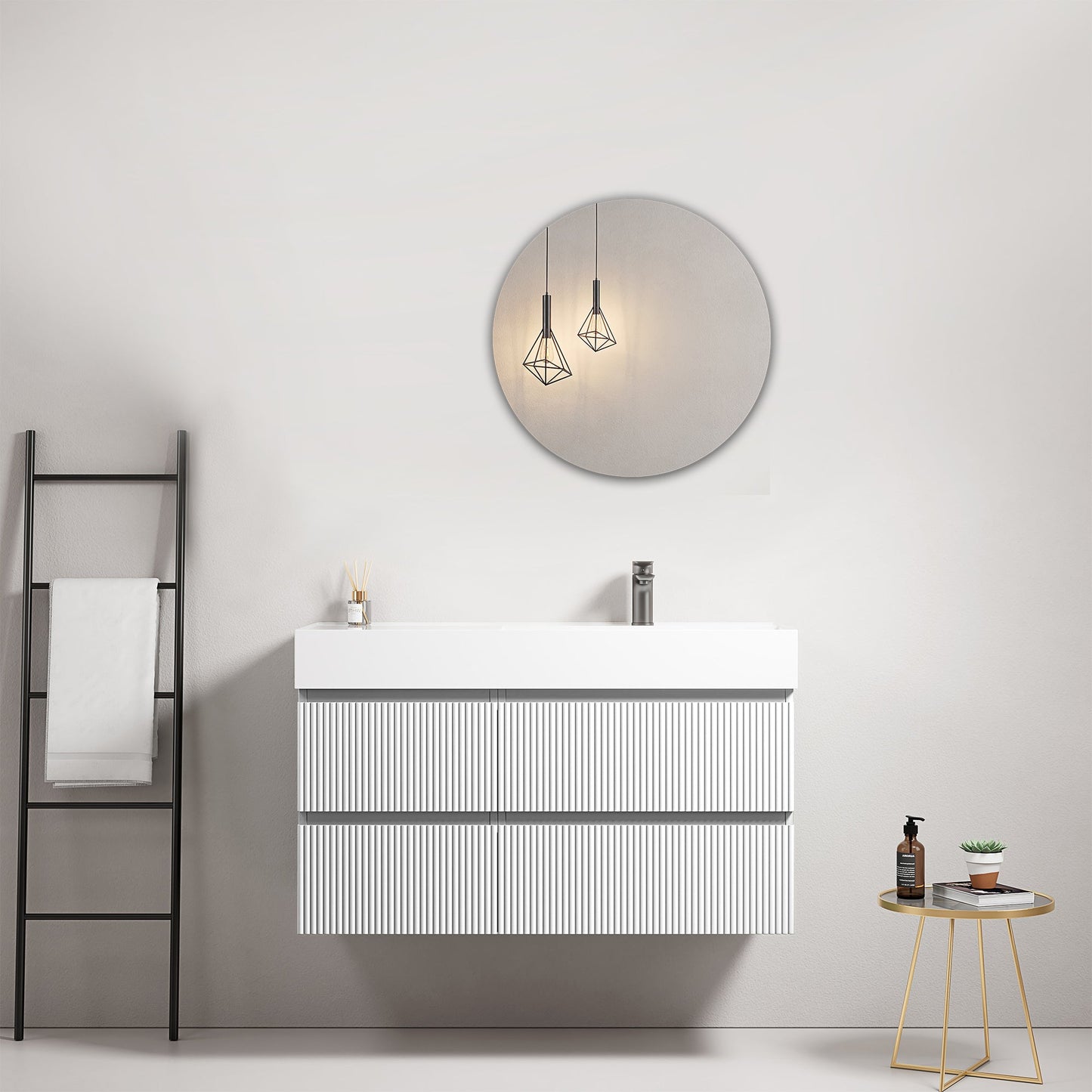 Mobile bagno sospeso cannettato 100 cm Bianco Lavabo a Destra in Resina Specchio Tondo - Fiji Paint in un bagno moderno.
