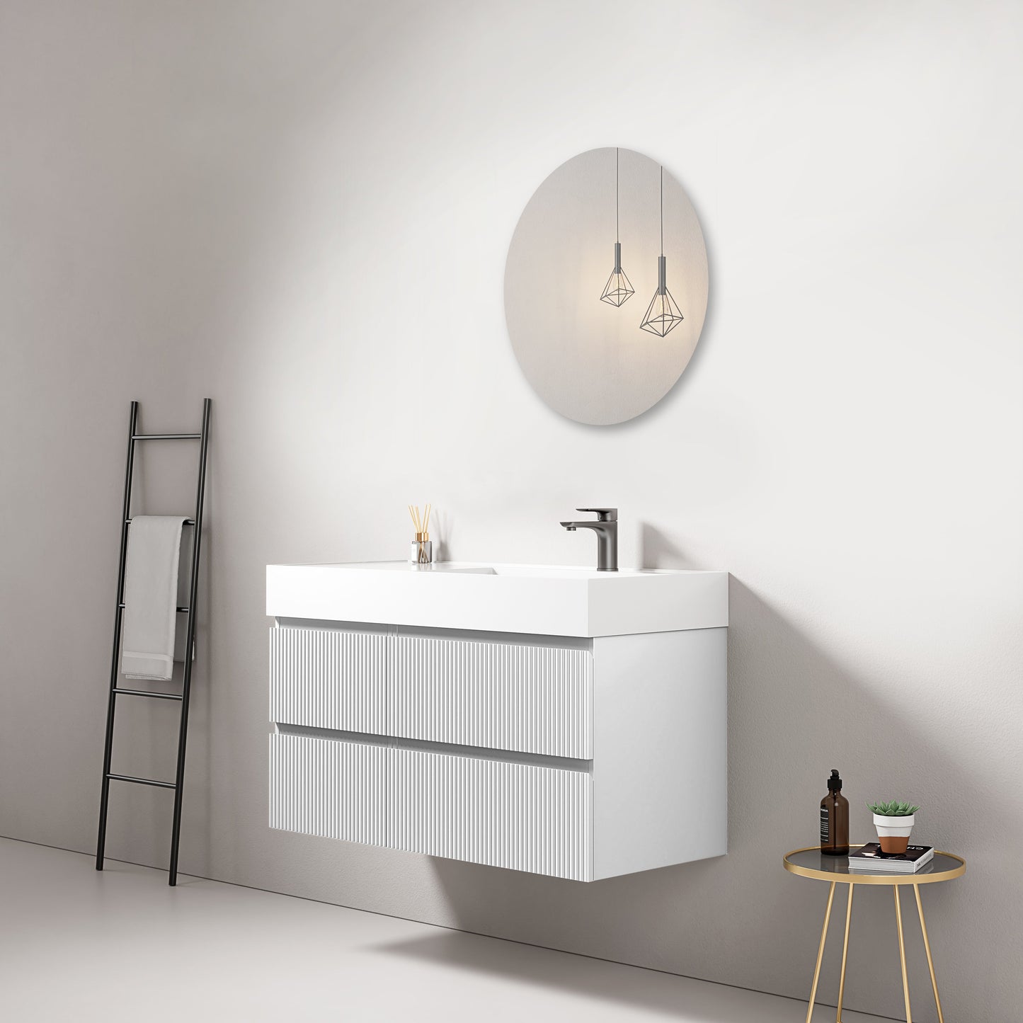 Mobile bagno sospeso cannettato 100 cm Bianco Lavabo a Destra in Resina Specchio Tondo - Fiji Paint.