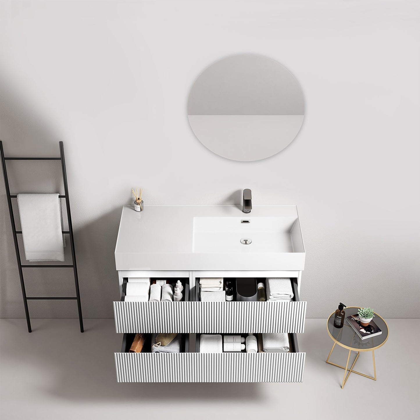 Mobile bagno sospeso cannettato 100 cm Bianco Lavabo a Destra in Resina Specchio Tondo - Fiji Paint