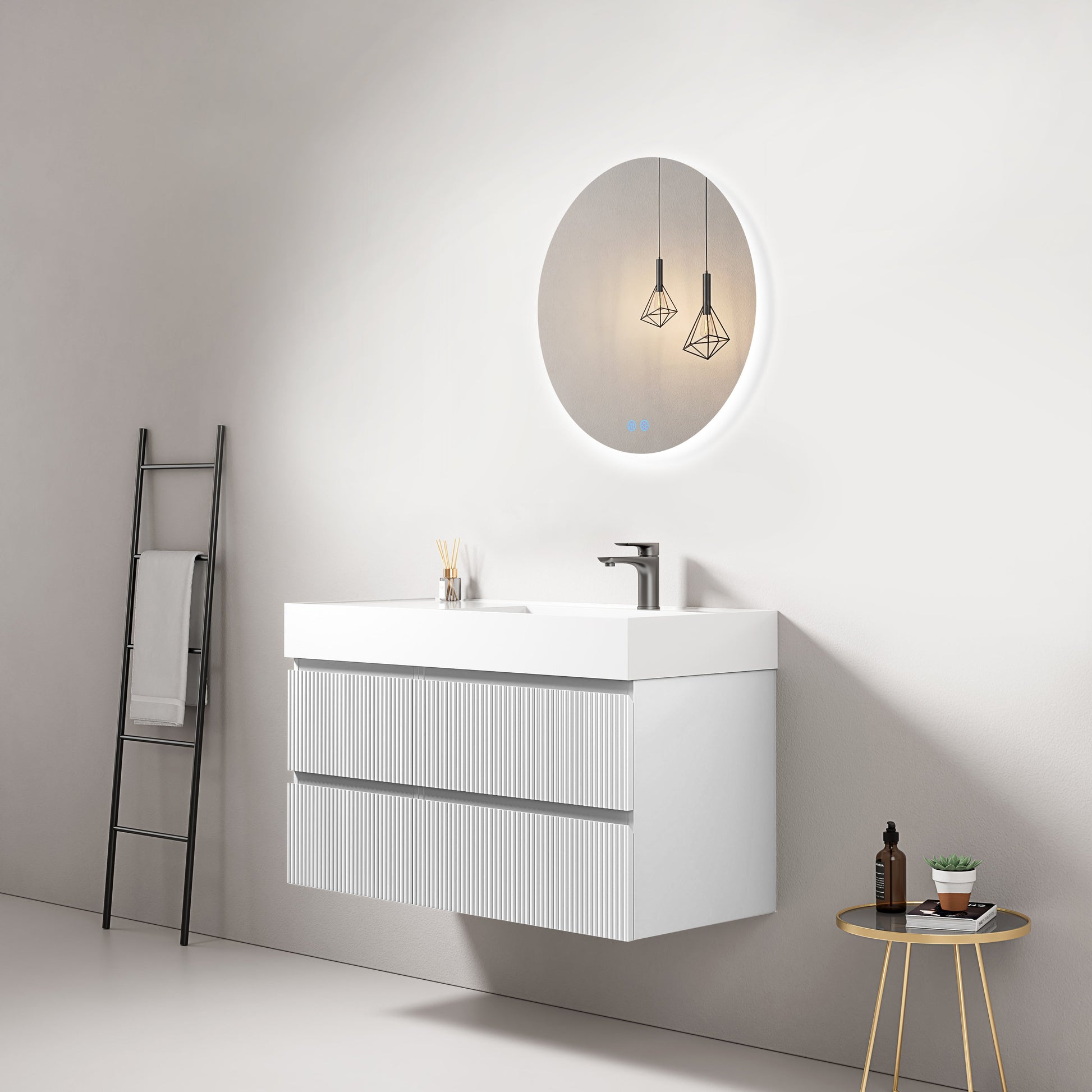 Mobile bagno sospeso cannettato 100 cm Bianco Lavabo a Destra in Resina Specchio Tondo Retroilluminato - Fiji Paint