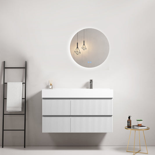 Mobile bagno sospeso cannettato 100 cm Bianco Lavabo a Destra in Resina Specchio Tondo Retroilluminato - Fiji Paint.