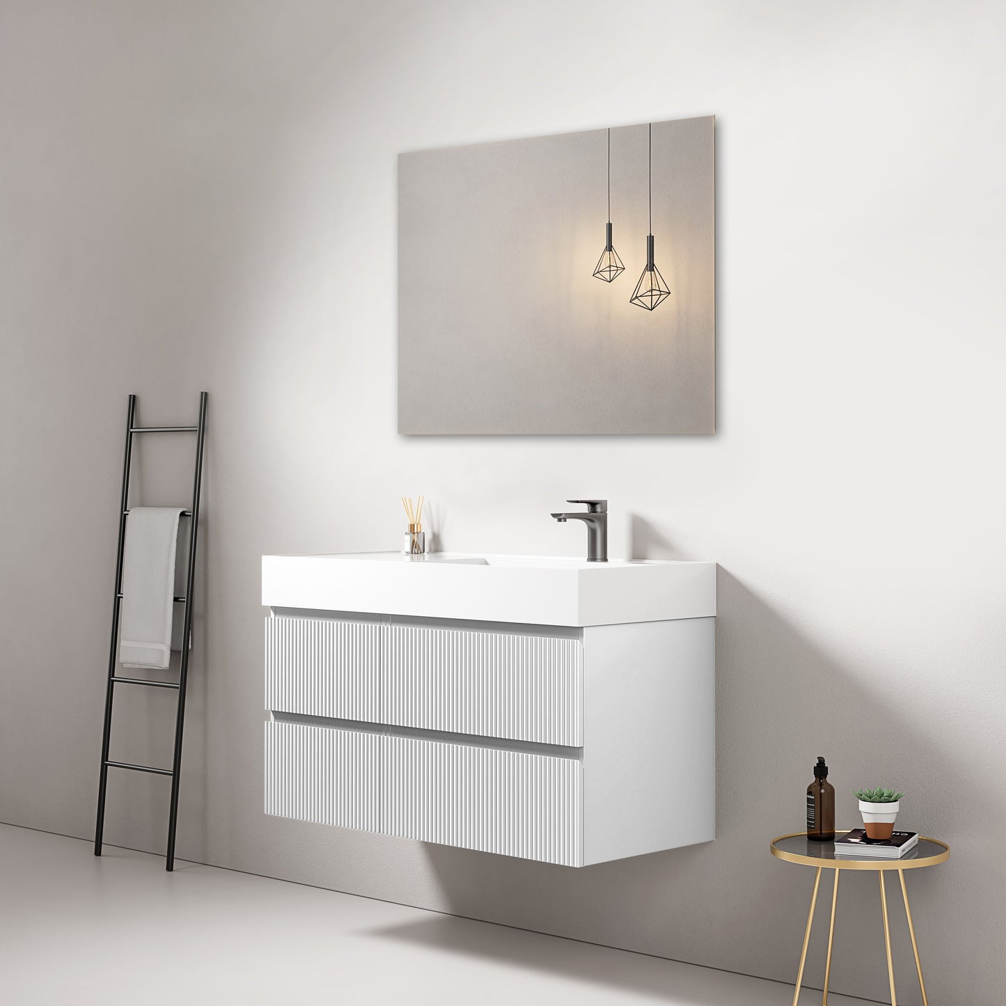 Mobile bagno sospeso cannettato 100 cm Bianco Lavabo a Destra in Resina Specchio Quadro - Fiji Paint