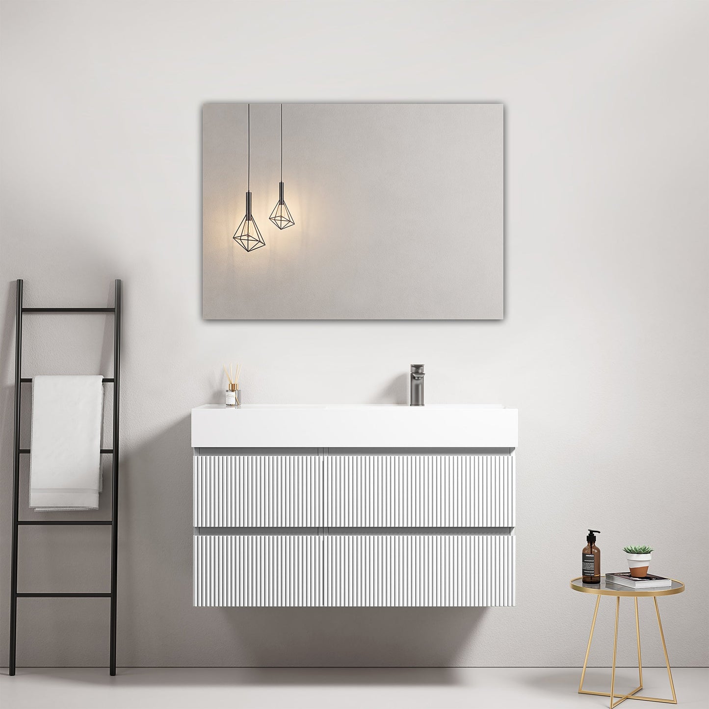 Mobile bagno sospeso cannettato 100 cm Bianco Lavabo a Destra in Resina Specchio Quadro - Fiji Paint con lampade moderne.