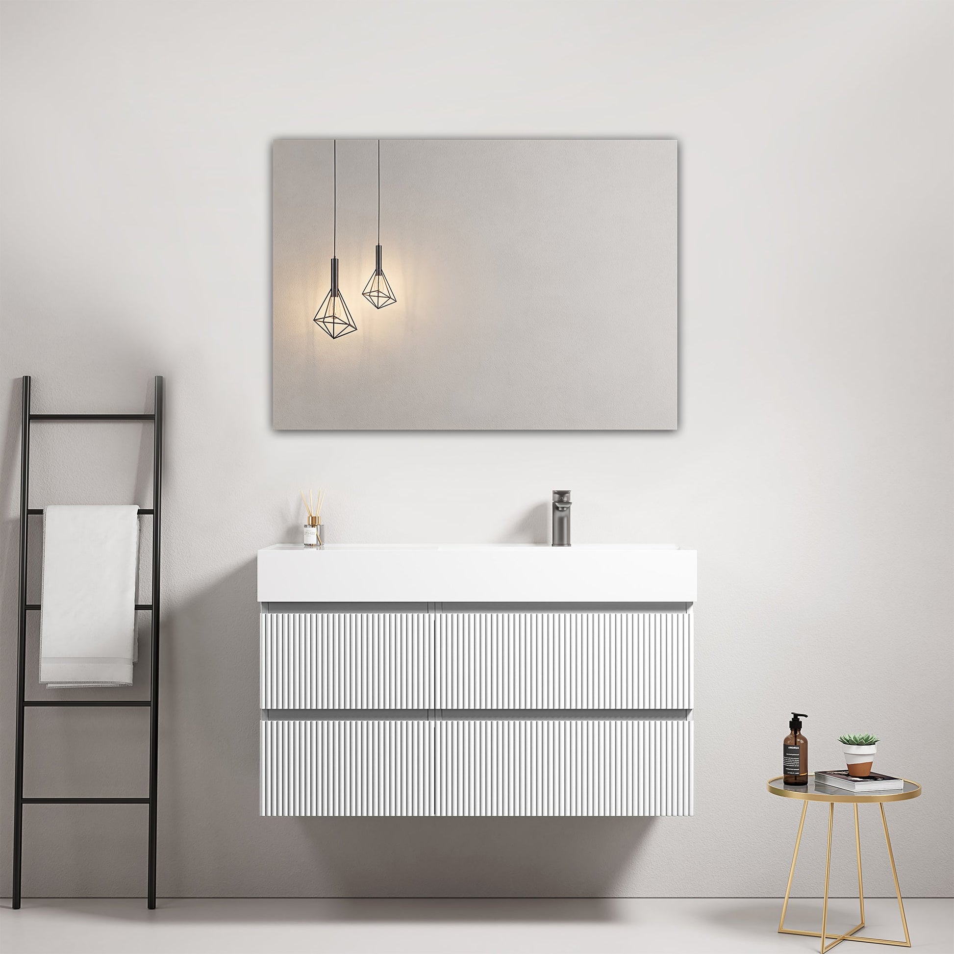 Mobile bagno sospeso cannettato 100 cm Bianco Lavabo a Destra in Resina Specchio Quadro - Fiji Paint con lampade moderne.
