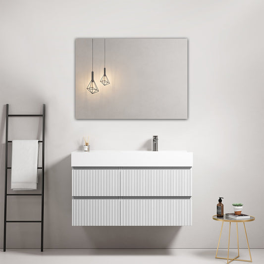 Mobile bagno sospeso cannettato 100 cm Bianco Lavabo a Destra in Resina Specchio Quadro - Fiji Paint