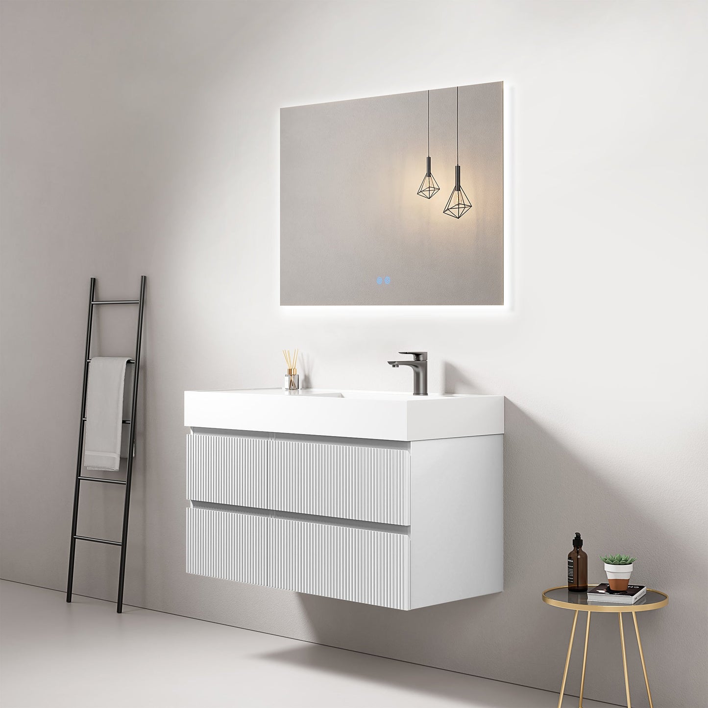 Mobile bagno sospeso cannettato 100 cm Bianco Lavabo a Destra in Resina Specchio Quadro Retroilluminato - Fiji Paint
