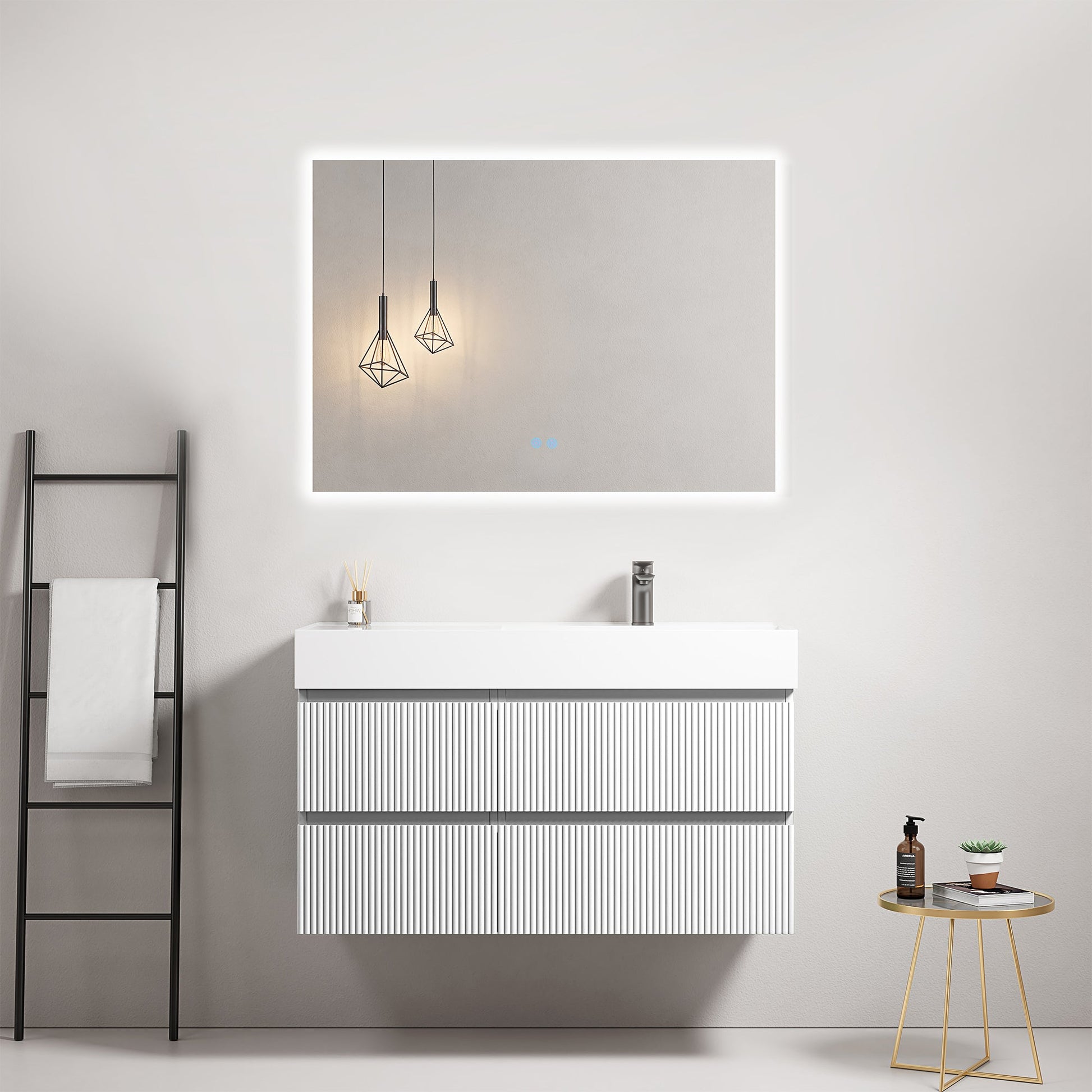 Mobile bagno sospeso cannettato 100 cm Bianco Lavabo a Destra in Resina Specchio Quadro Retroilluminato - Fiji Paint