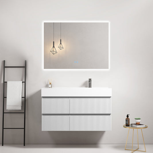 Mobile bagno sospeso cannettato 100 cm Bianco Lavabo a Destra in Resina Specchio Quadro Retroilluminato - Fiji Paint