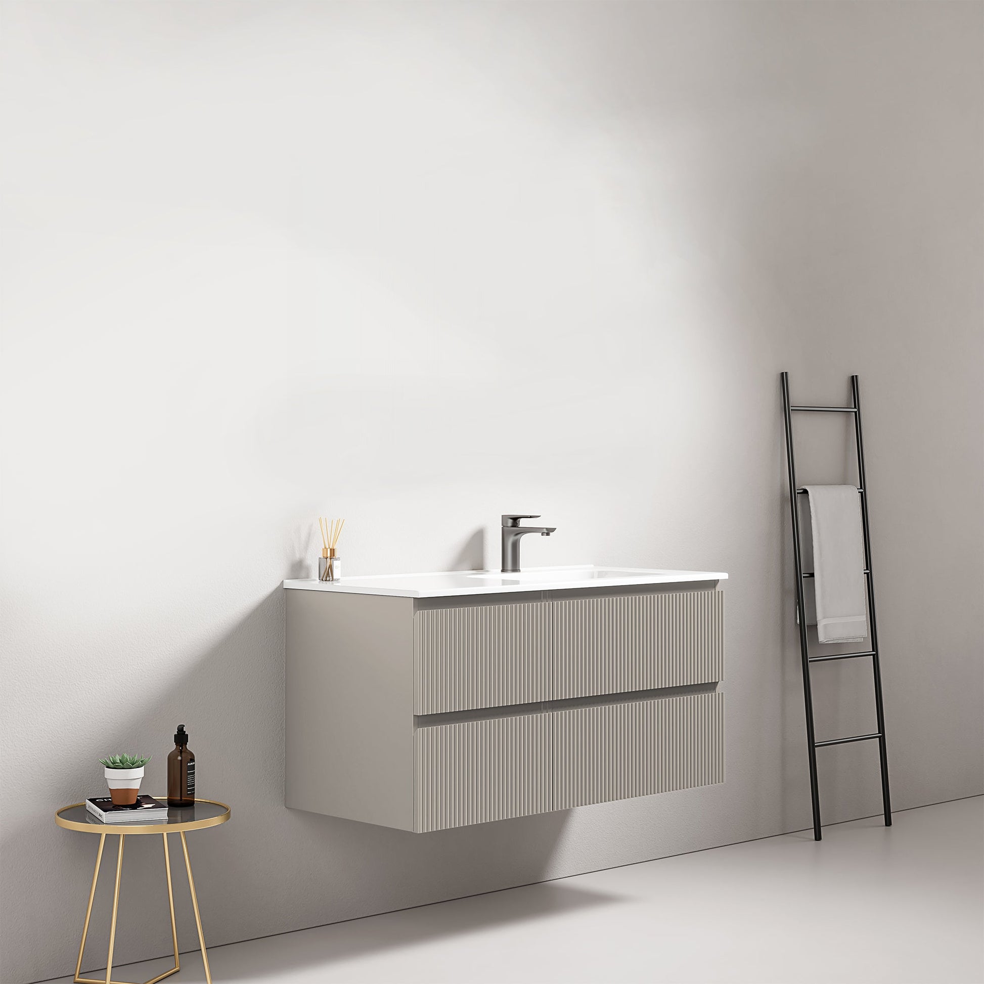 Mobile bagno sospeso cannettato 100 cm Grigio Cenere Lavabo a Destra in Ceramica Senza Specchio - Fiji Paint