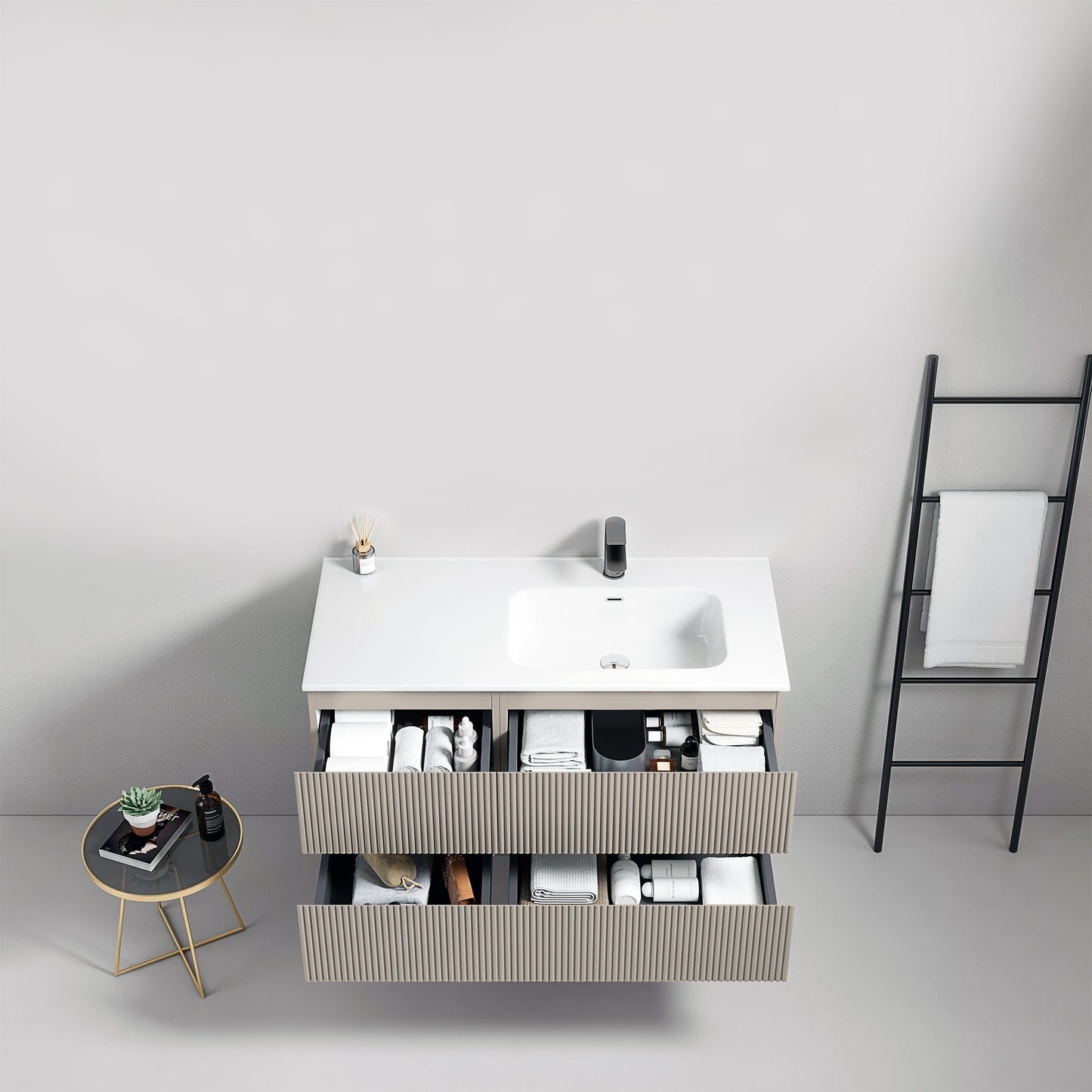 Mobile bagno sospeso cannettato 100 cm Grigio Cenere Lavabo a Destra in Ceramica Senza Specchio - Fiji Paint